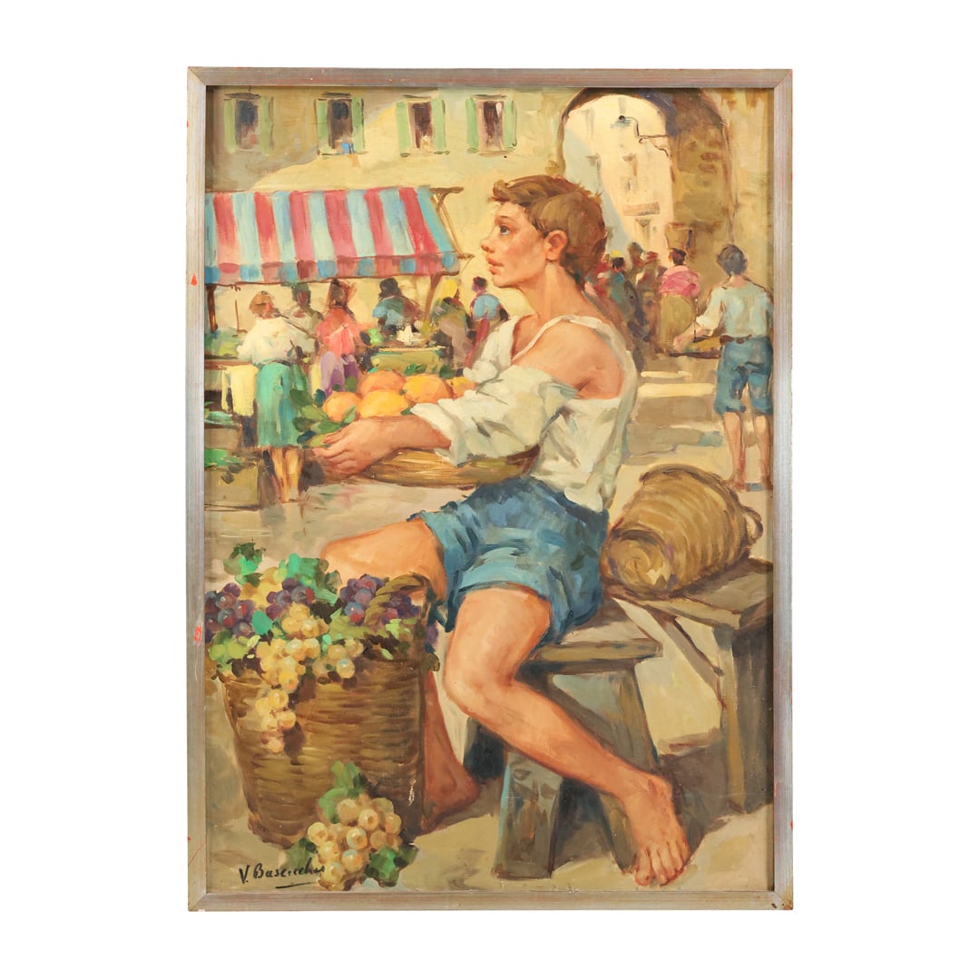 V Buscicchio, Oil on Canvas Boy with Basket of Grapes at a Farmer's Outdoor Marketplace (1 of 20)