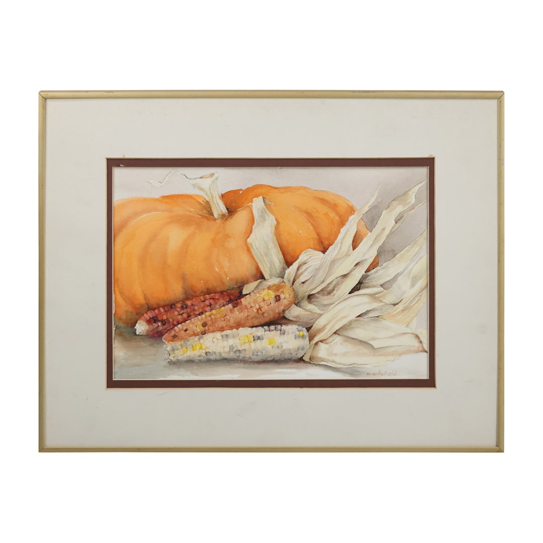 M Schofield, Fine Watercolor Painting Pumpkin and Autumn Corn, Signed and Framed: M Schofield, Fine Watercolor Painting Pumpkin and Autumn Corn, Signed and Framed. size: 10 x 14 outside frame: 16 x 20