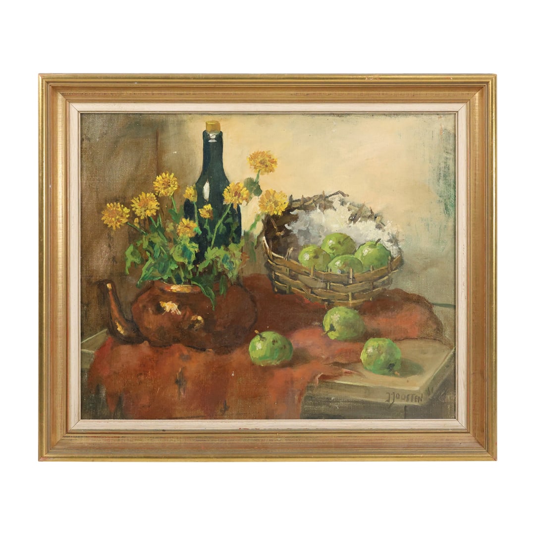 J Joosten 1961, Oil on Canvas Still Life Basket of Apples, Bottle, Flowers (1 of 16)