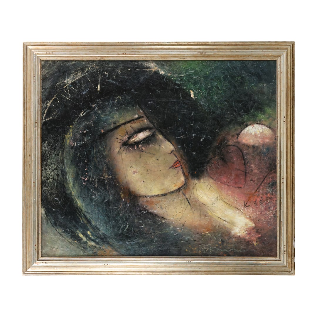 JAMALI (born Aqdas Hussain Khan, Pakistan, 1944] Mixed Media Oil Abstract Woman Portrait: JAMALI (born Aqdas Hussain Khan, Pakistan, 1944] Mixed Media Oil Abstract Woman Portrait. size: 36 x 30 outside frame: 41 x 35; ASKart: Jamali (born Aqdas Hussain Khan, Pakistan, 1944) is an American