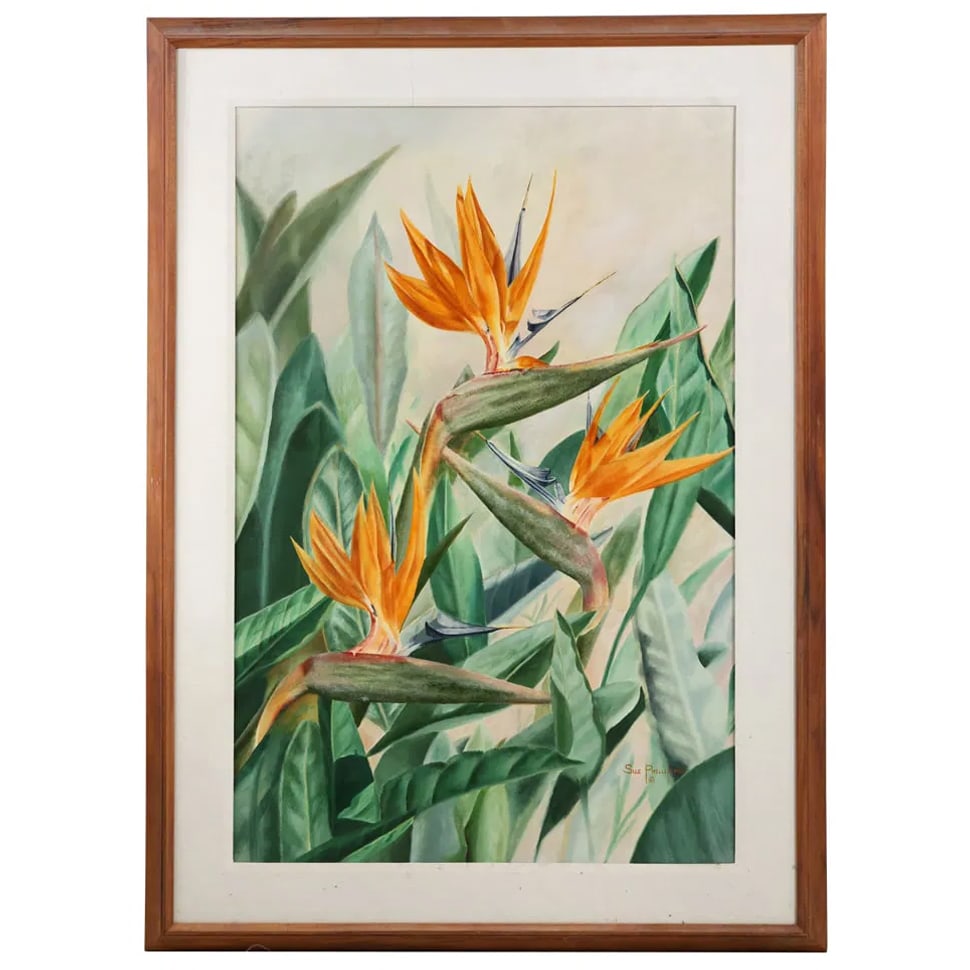 Sue Phillips, Hawaiian Painting "Birds of Paradise" Exotic Flowers, Framed: Sue Phillips, Hawaiian Painting "Birds of Paradise" Exotic Flowers, Framed. size: 36 x 24 outside frame: 44 x 32