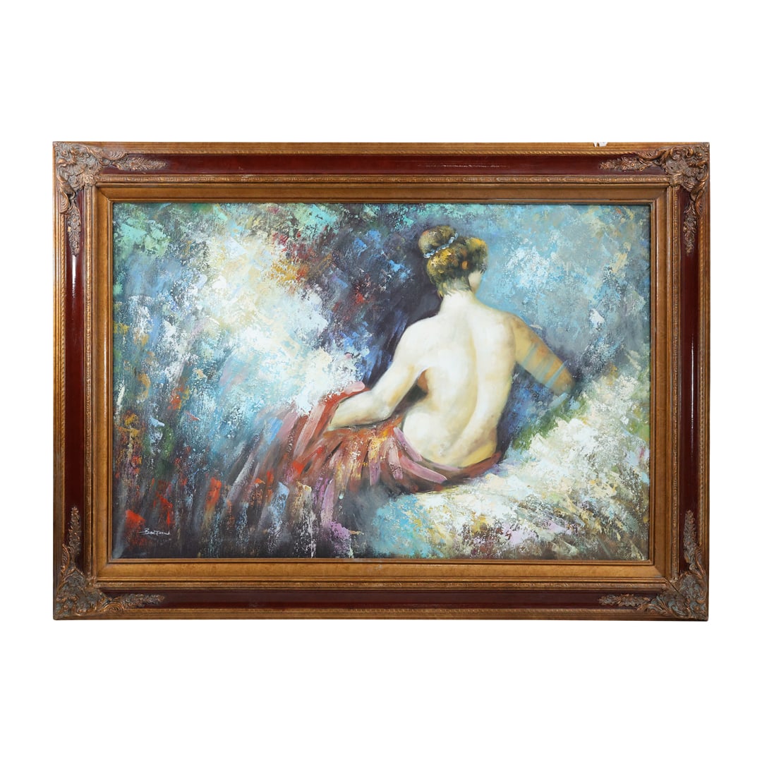Signed Barton, Oil Painting, Backside Semi Nude Woman, Framed: Signed Barton, Oil Painting, Backside Semi Nude Woman, Framed size: 24 x 36 outside frame: 32 x 44
