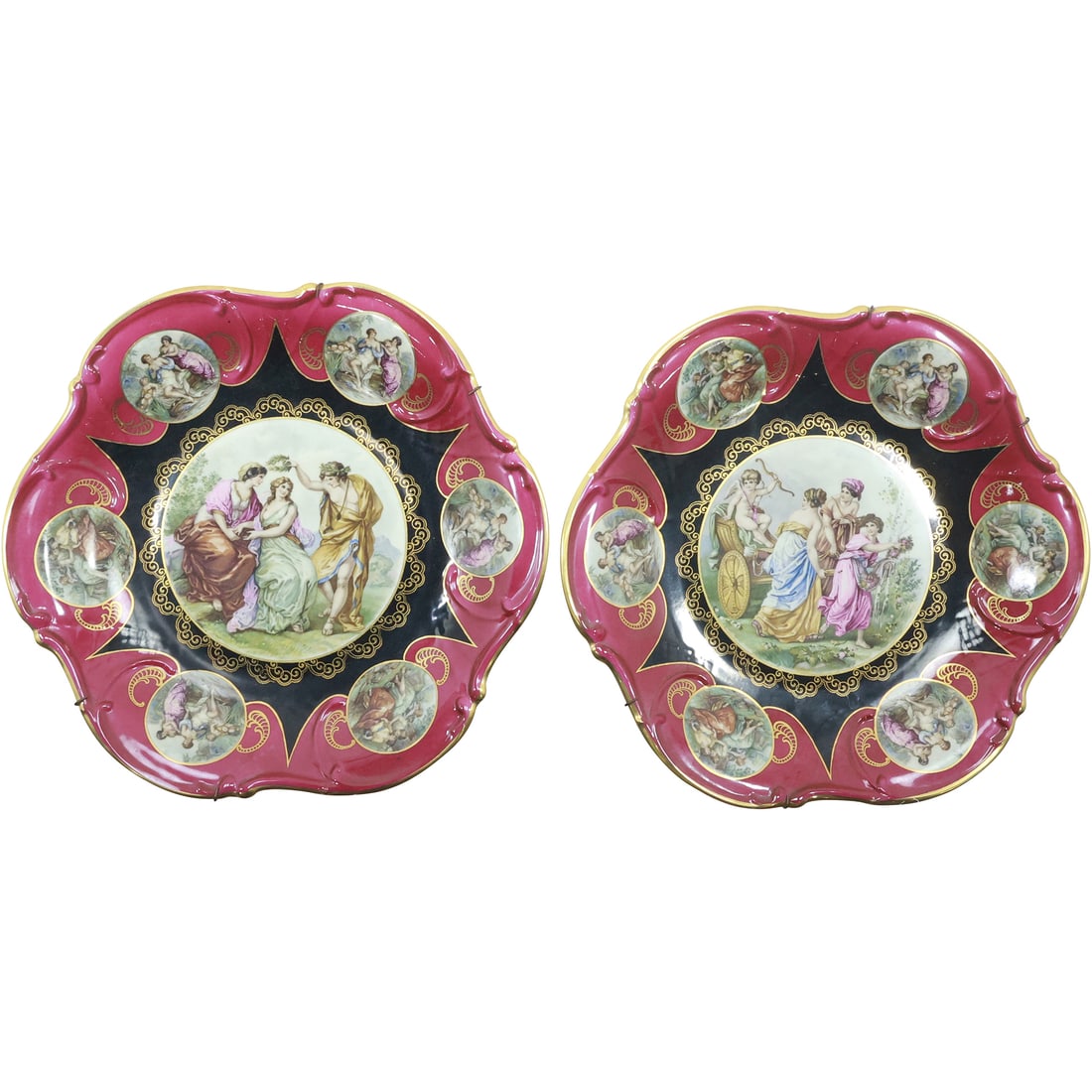 2 Mitterteich German Fine Porcelain Hanging Cabinet Plates Scenes of Maidens: 2 Mitterteich German Fine Porcelain Hanging Cabinet Plates Scenes of Maidens size: 2 in. x 12.5 in. Shelf: D