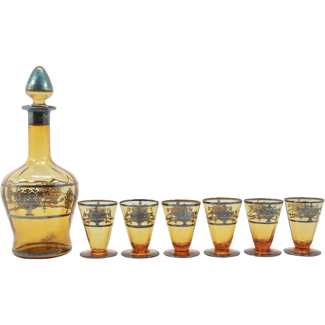 Vintage Amber Glass Decanter and Cordial Set with Silver Overlay Design (1 of 20)