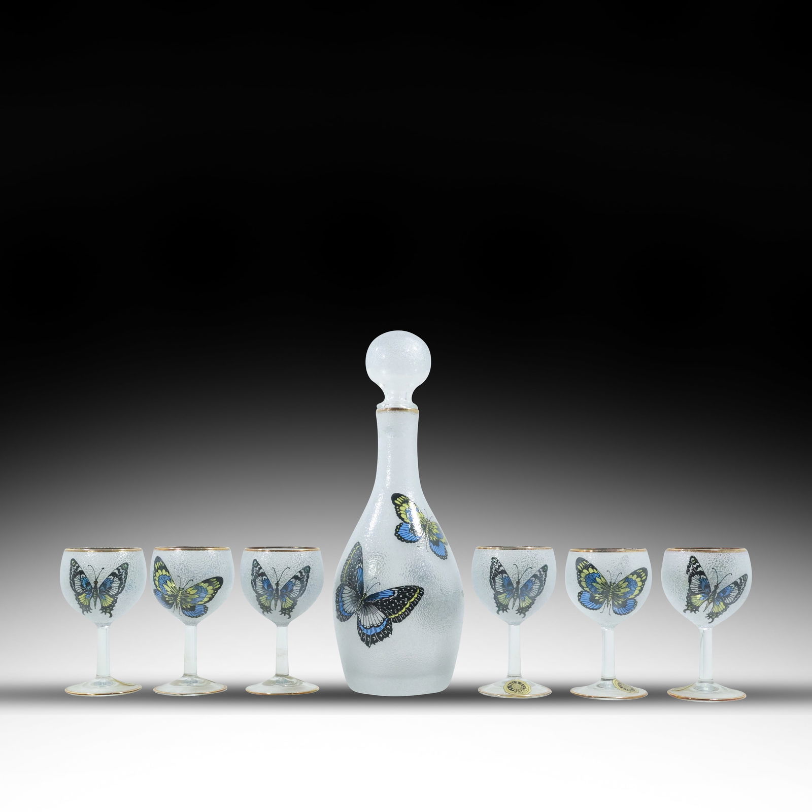 Set of Vintage ONS Italian Frosted Butterfly Decanter and 6 Goblets: Set of Vintage ONS Italian Frosted Butterfly Decanter and 6 Goblets size: 13x4.5 (decanter), 5x3 (6x cups) Shelf: C