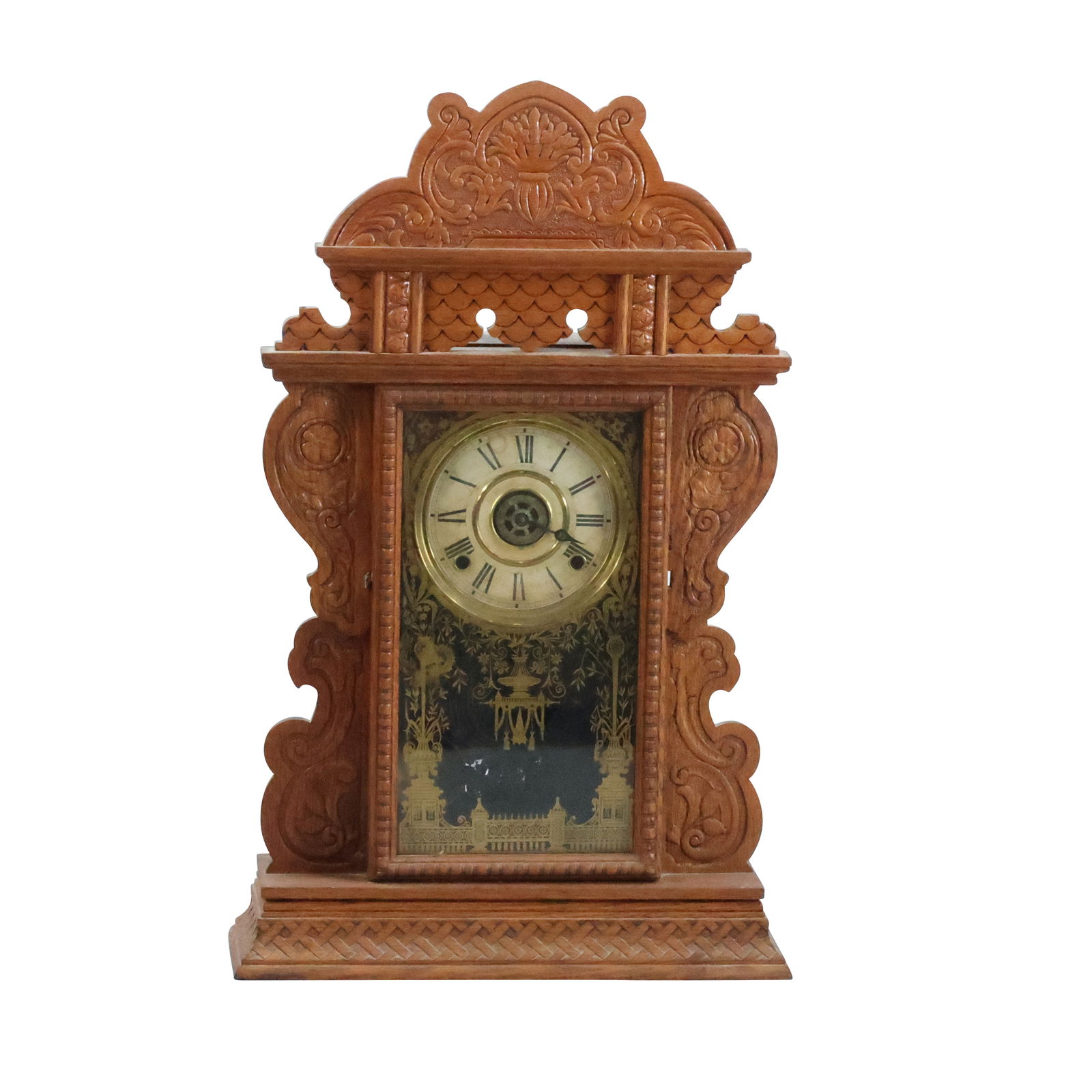 Antique WELCH Victorian Gingerbread Fancy Oak Case Kitchen Clock with Key & Pendulum (1 of 20)