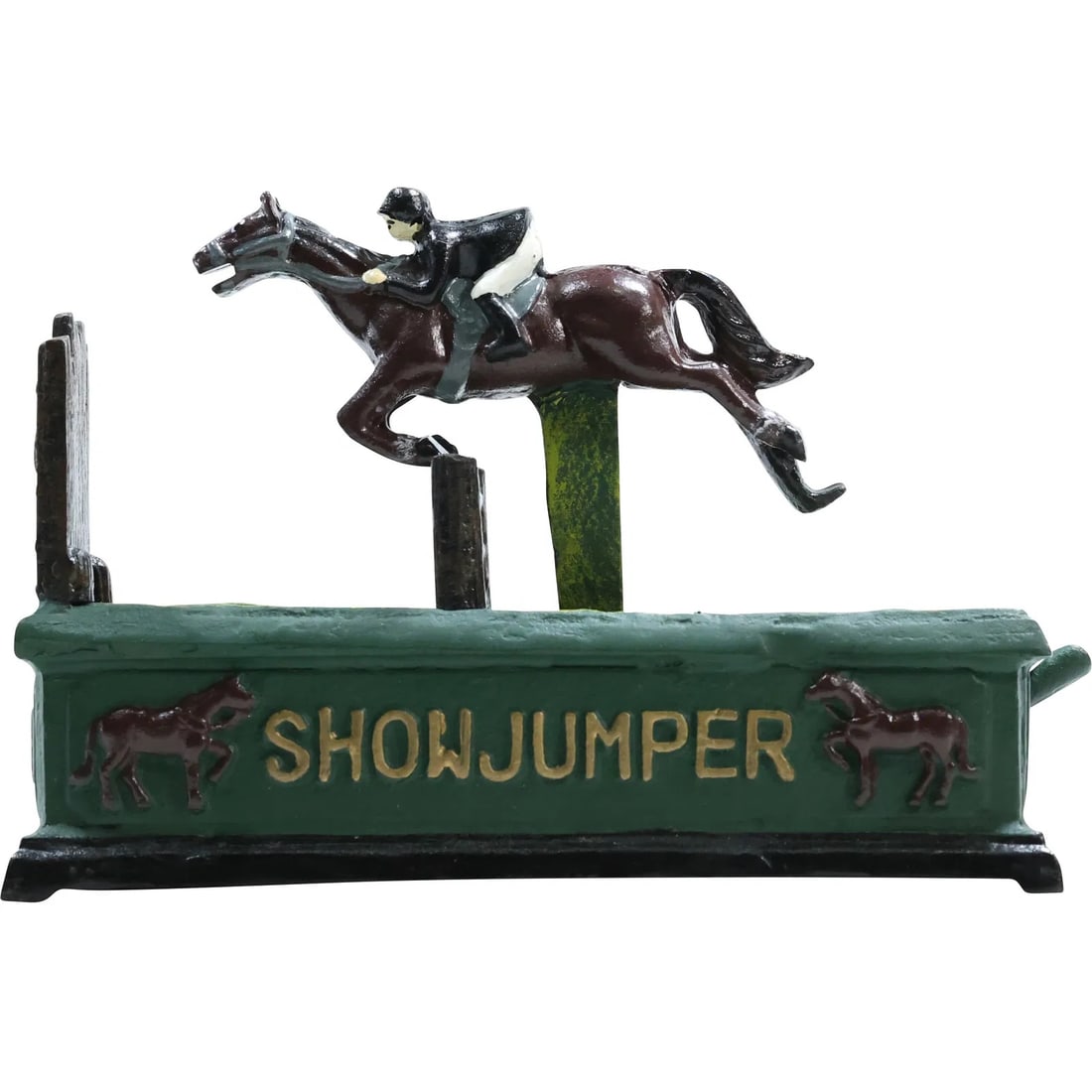 Novelty Cast Iron SHOW JUMPER Equestrian Mechanical Bank in Original Paint Finish: Novelty Cast Iron SHOW JUMPER Equestrian Mechanical Bank in Original Paint Finish size: 6 x 9 x 3 Shelf: D