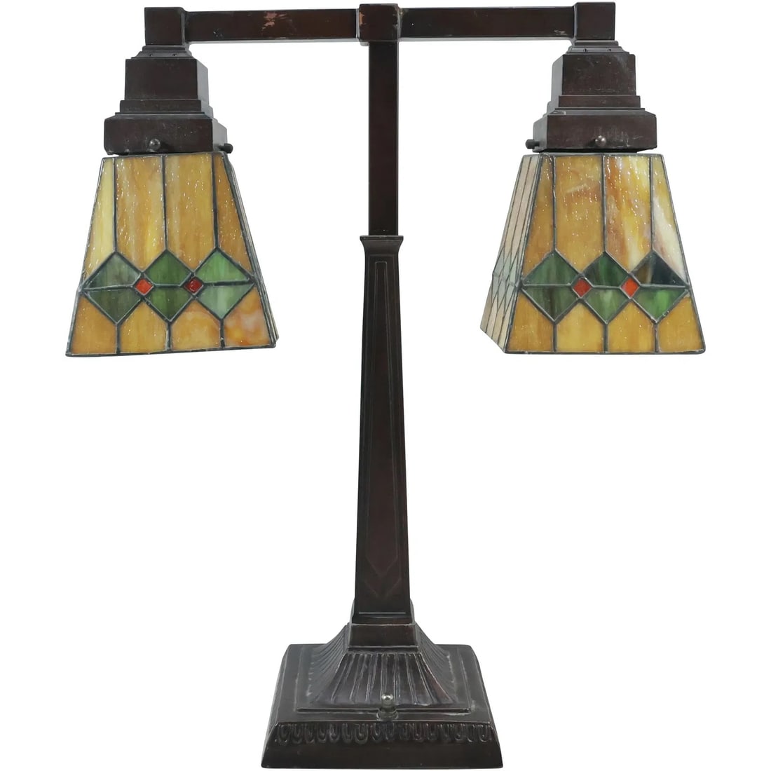 Arts and Crafts Style Leaded Glass Shades 2-Light Desk/Banker Lamp (1 of 18)