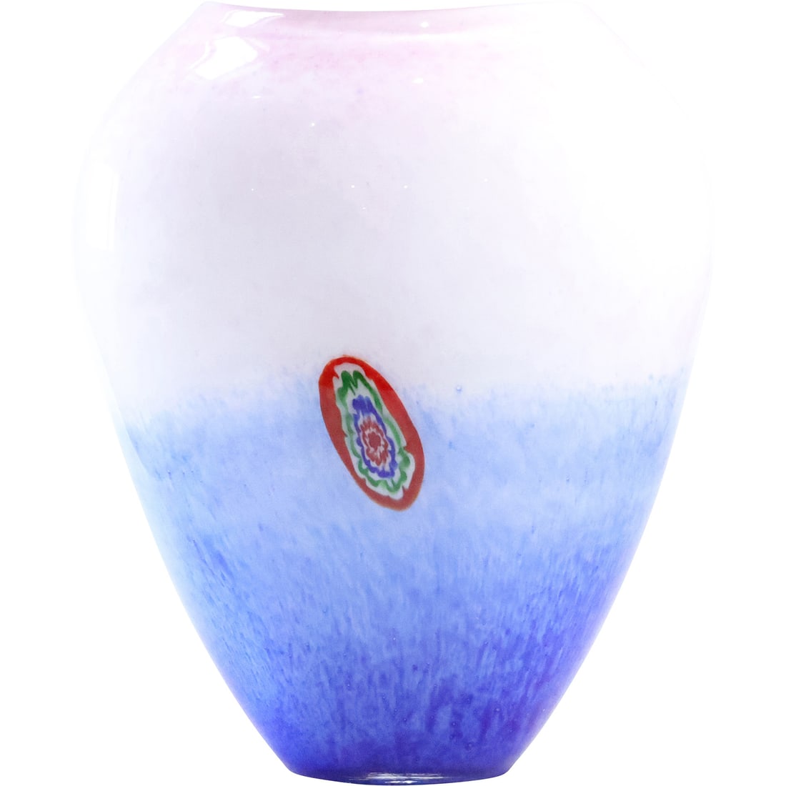 Tall Murano Art Glass Vase Pink to Blue with Millefiori Accent Spot: Tall Murano Art Glass Vase Pink to Blue with Millefiori Accent Spot size: 11.25 x 9.5 x 5 Shelf: D