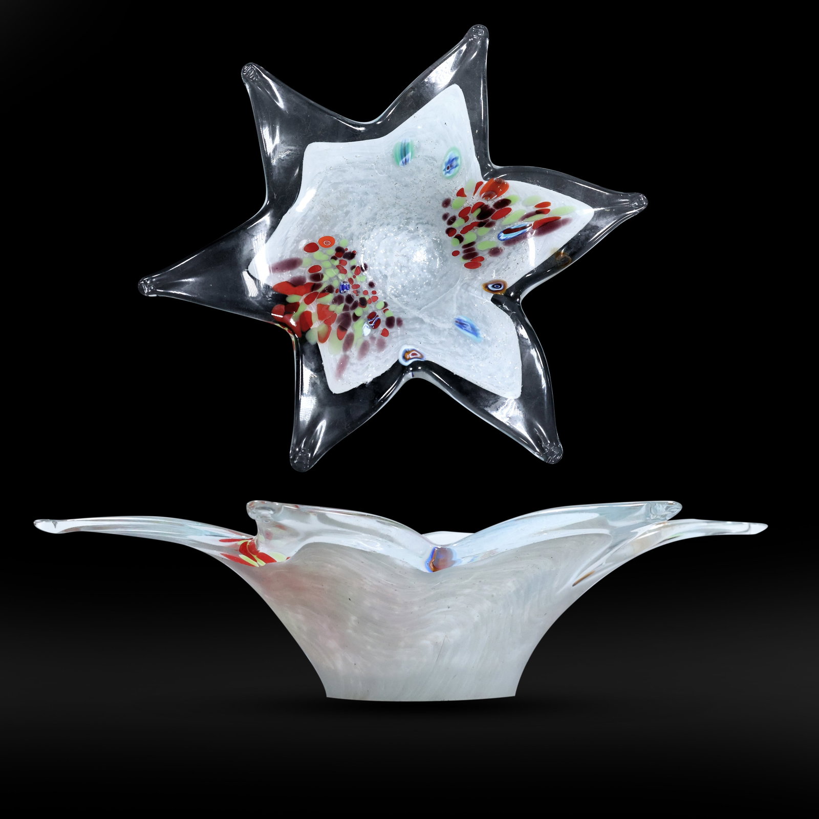 Murano Starburst Glass Bowl with Colorful Millefiori Accents: Murano Starburst Glass Bowl with Colorful Millefiori Accents size: 2.5 x 10.75 Shelf: D