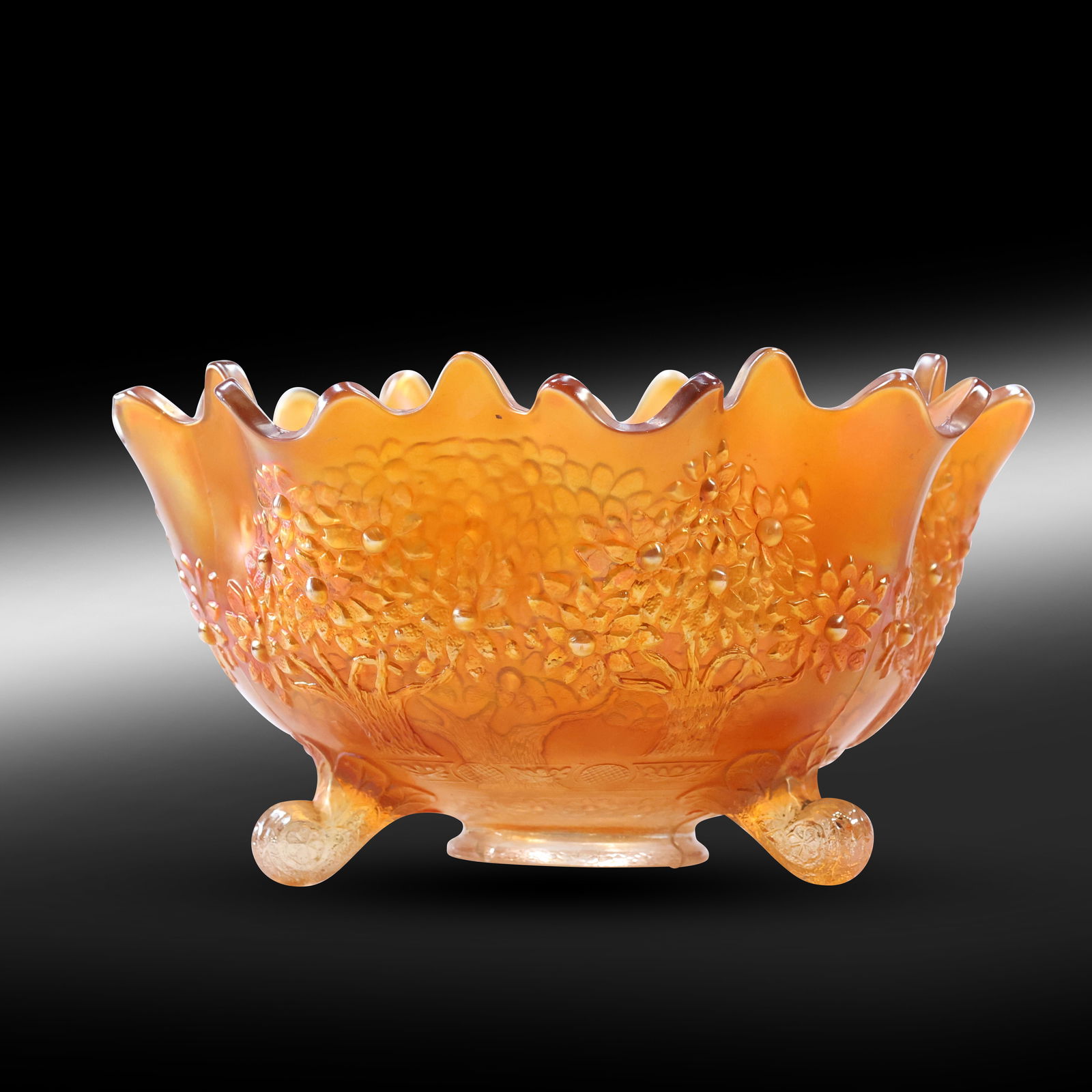 Orange Fenton Iridescent Scalloped Top Textured Carnival Glass Bowl (1 of 8)