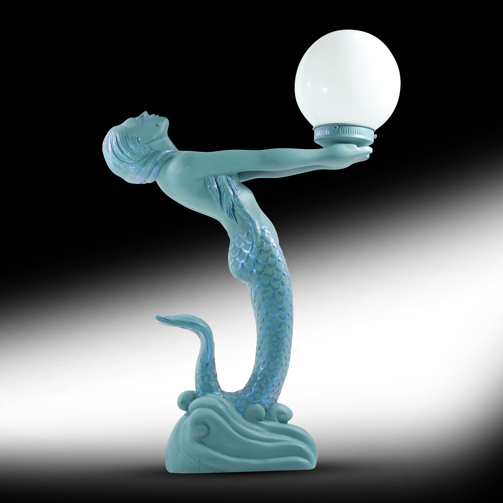 Blue Turquoise Art Deco Mermaid Table Lamp with White Glass Ball Shade (1 of 20)