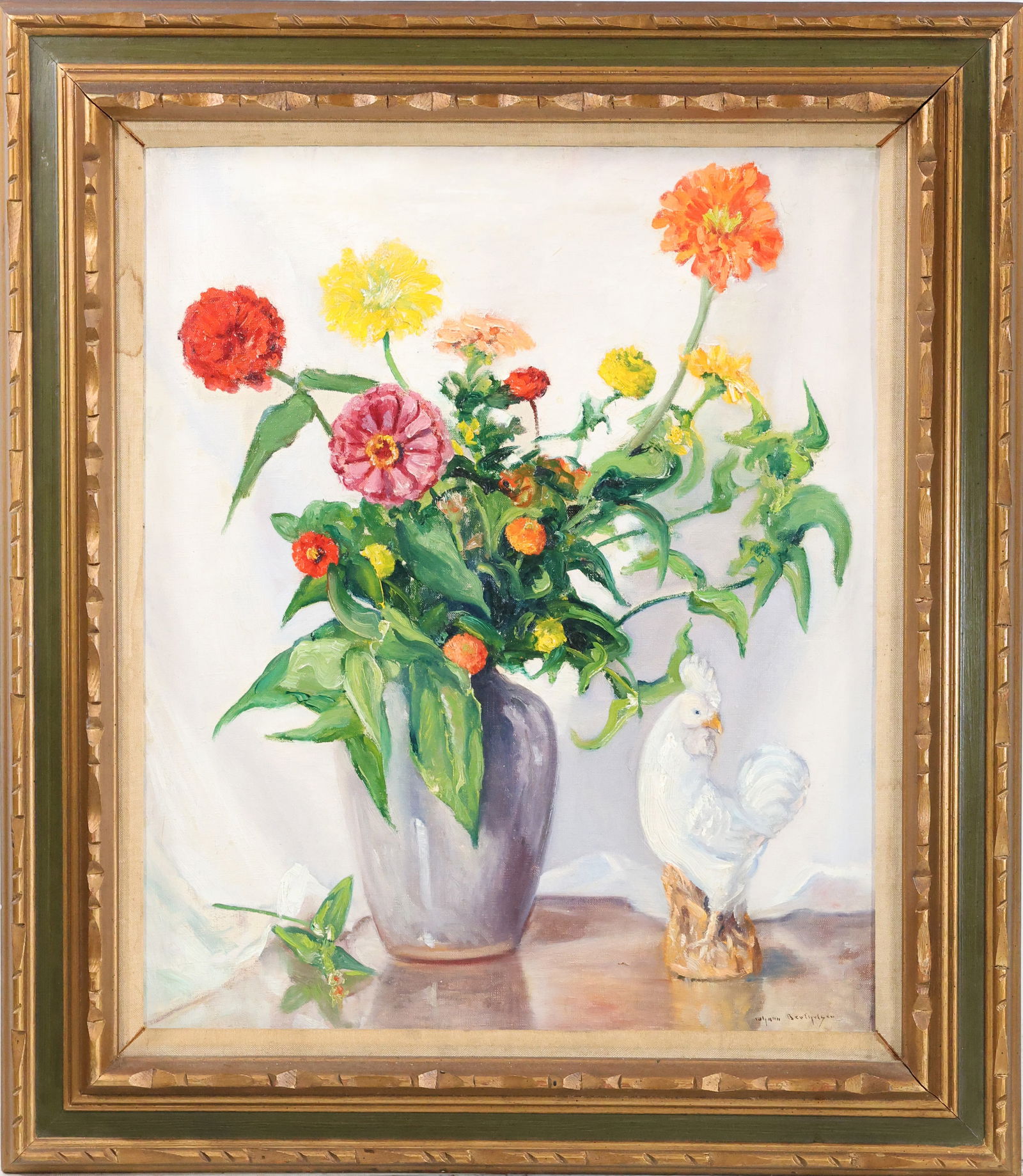 Johann Berthelsen Still Life Oil on Canvas Painting Flowers in Vase, Rooster Statue, Artist Signed: Vintage Still Life Oil on Canvas Painting Flowers in Vase, Rooster Statue, Artist Signed. size:20 x 24 outside frame: 27 x 31.5