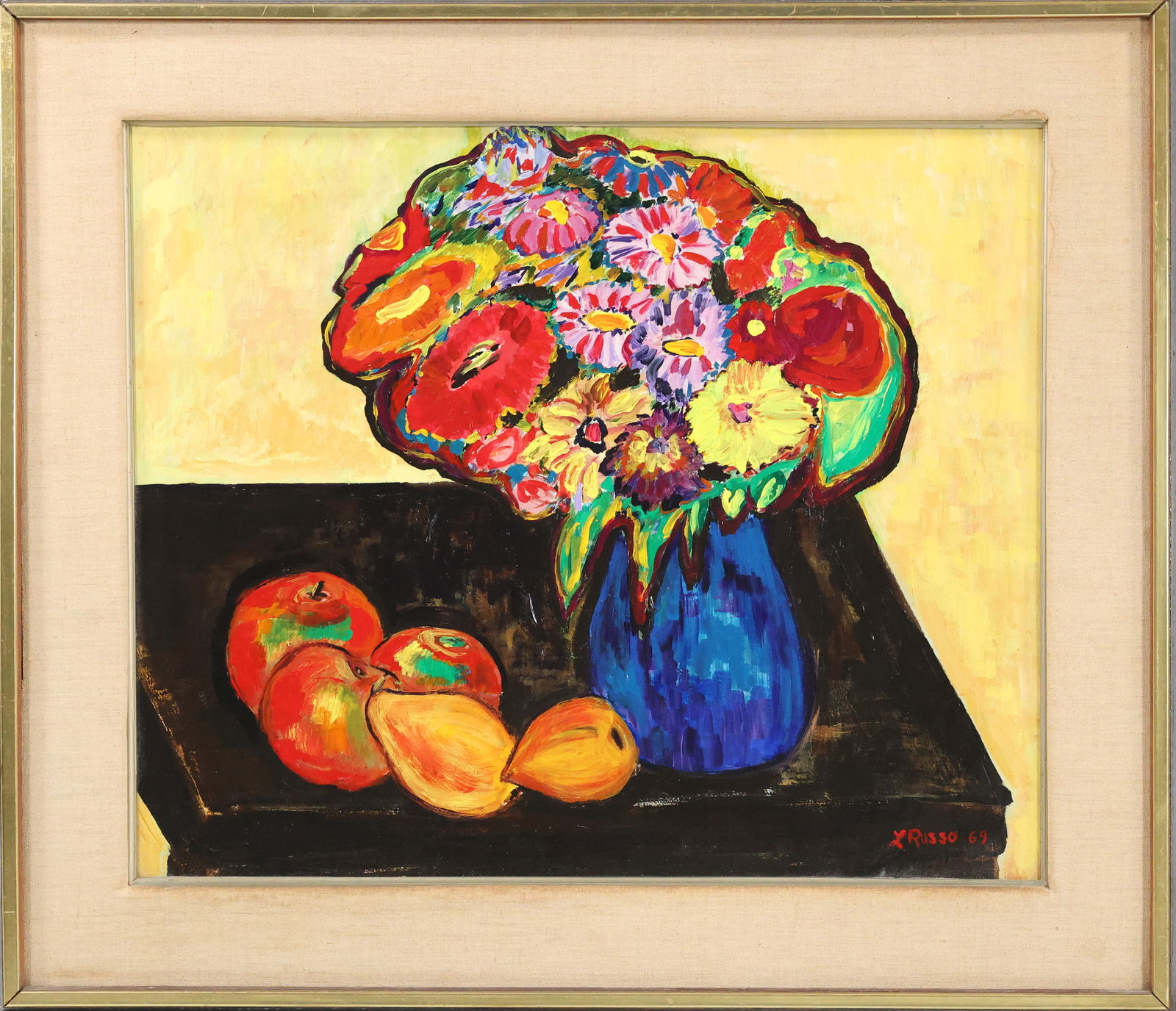 L Russo 1969, Oil on Board Painting Colorful Still Life Fruit and Flowers, Framed (1 of 15)