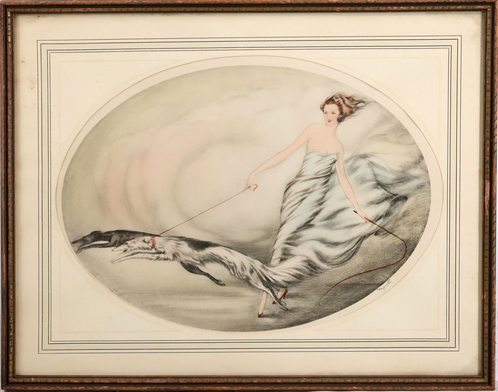 Circa 1920s Art Deco Oval Colored Etching Woman with 2 Whippet Dogs, Framed (1 of 14)