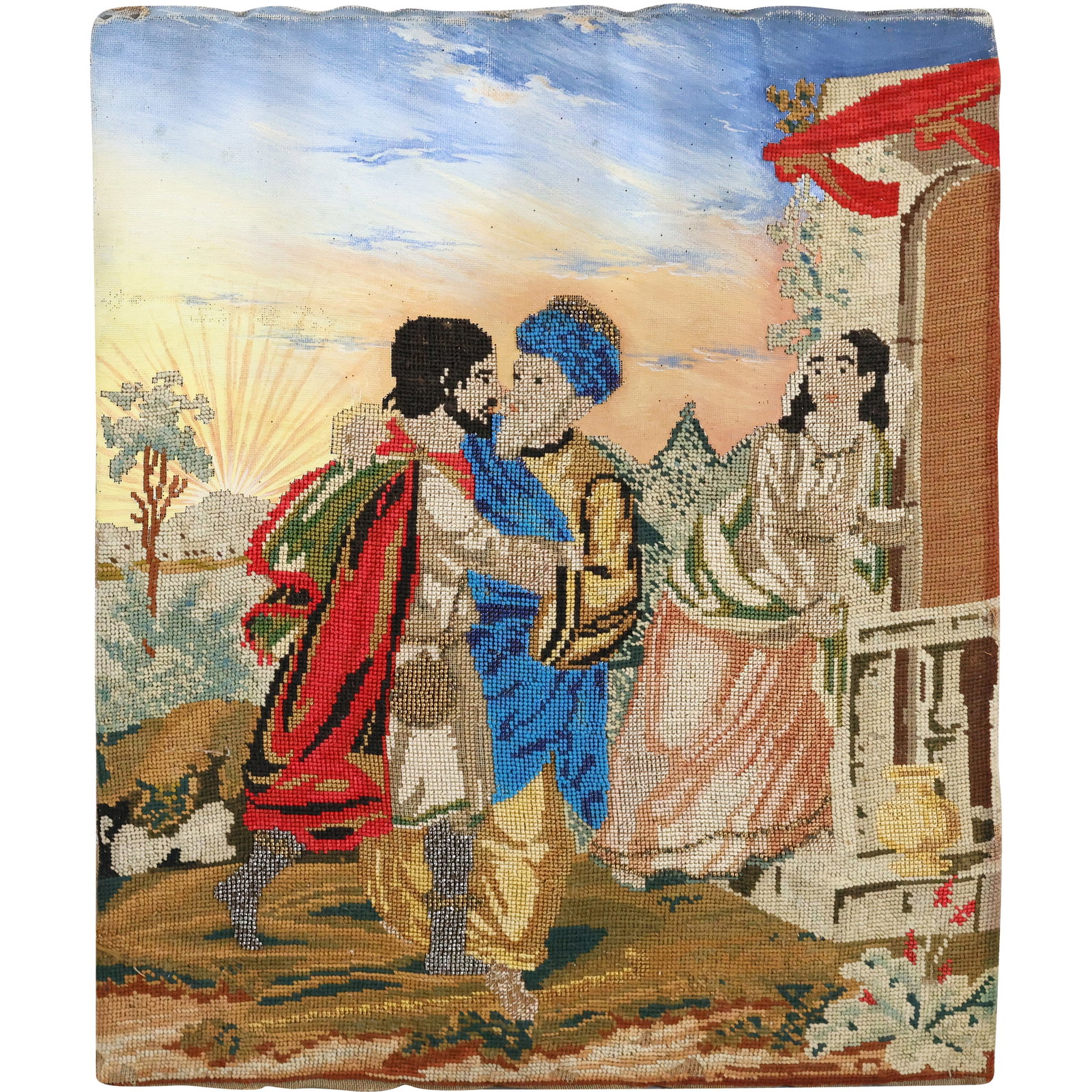19th C. Petit Point Hand Done Biblical Needlepoint with Hand Painted Scenery Mounted on Board (1 of 13)