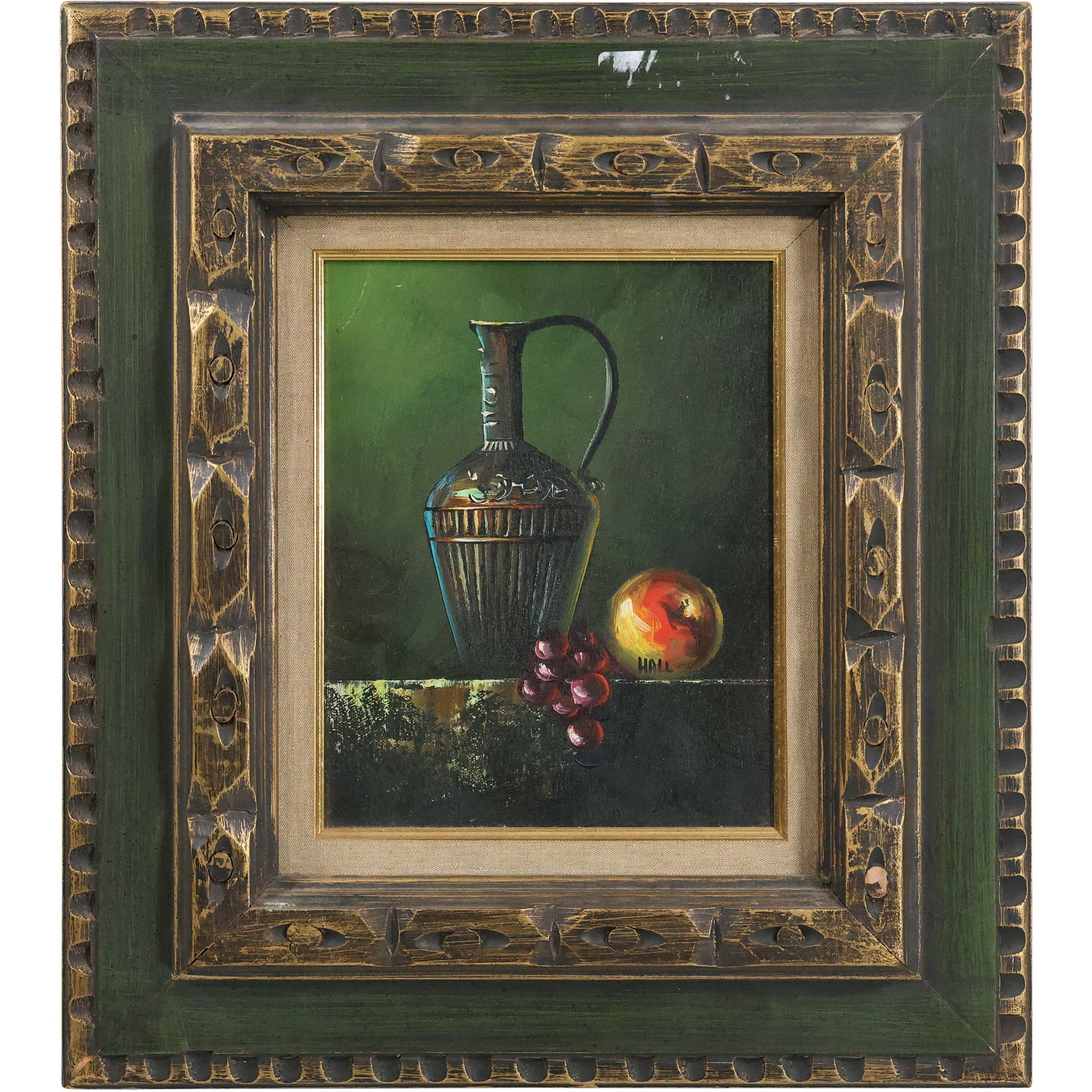 Signed Hall, 20th C. Oil Painting Table Top Still Life with Grapes, Apple, Decanter, Framed (1 of 11)