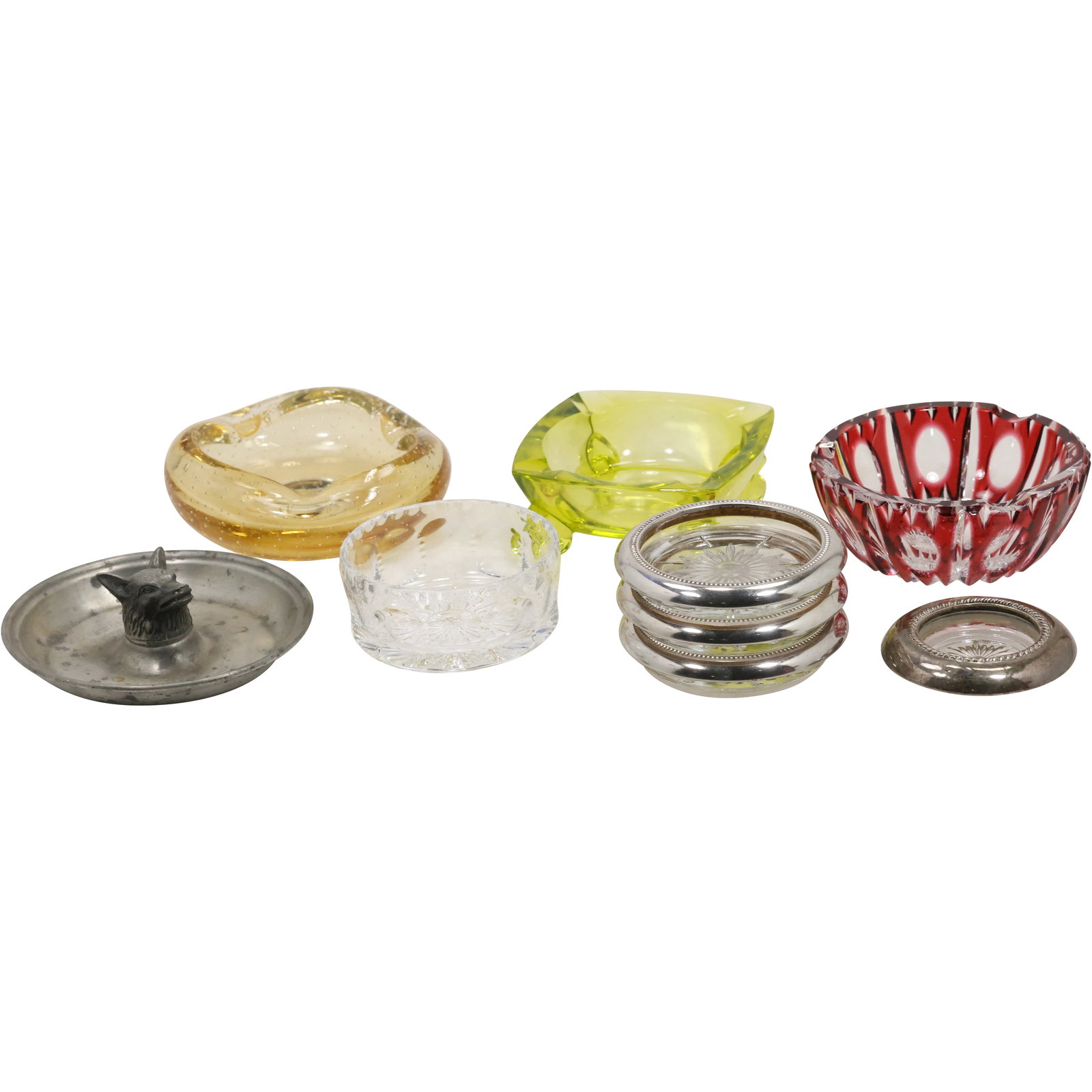 Estate Grouping of 5 Assorted Metal & Glass Ashtrays ; 4 Coasters: Estate Grouping of 5 Assorted Metal & Glass Ashtrays ; 4 Coasters. size range: 4-7 Shelf: C