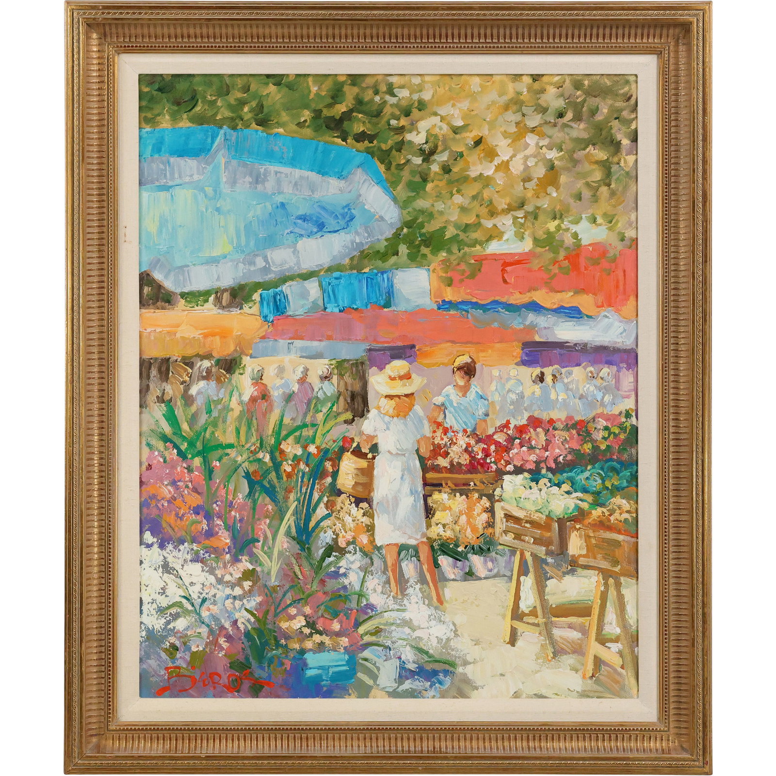 Signed BIEROS, Oil on Canvas Painting Outdoor Market with Flower Vendor, Framed (1 of 16)