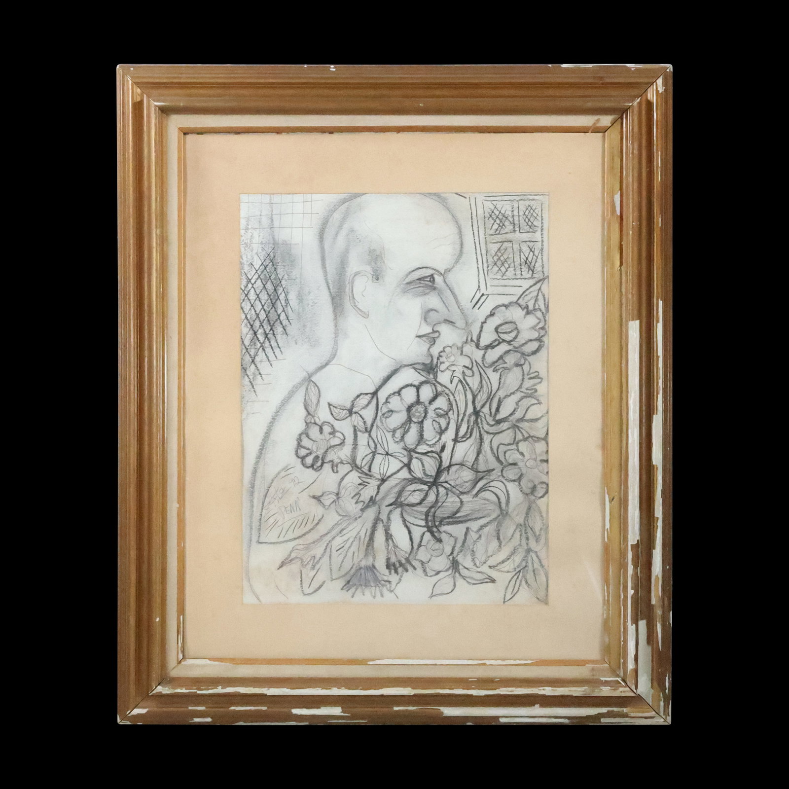 Zatz 1992, Penn., Graphite Drawing Man Smelling Flowers, Signed and Framed (1 of 20)