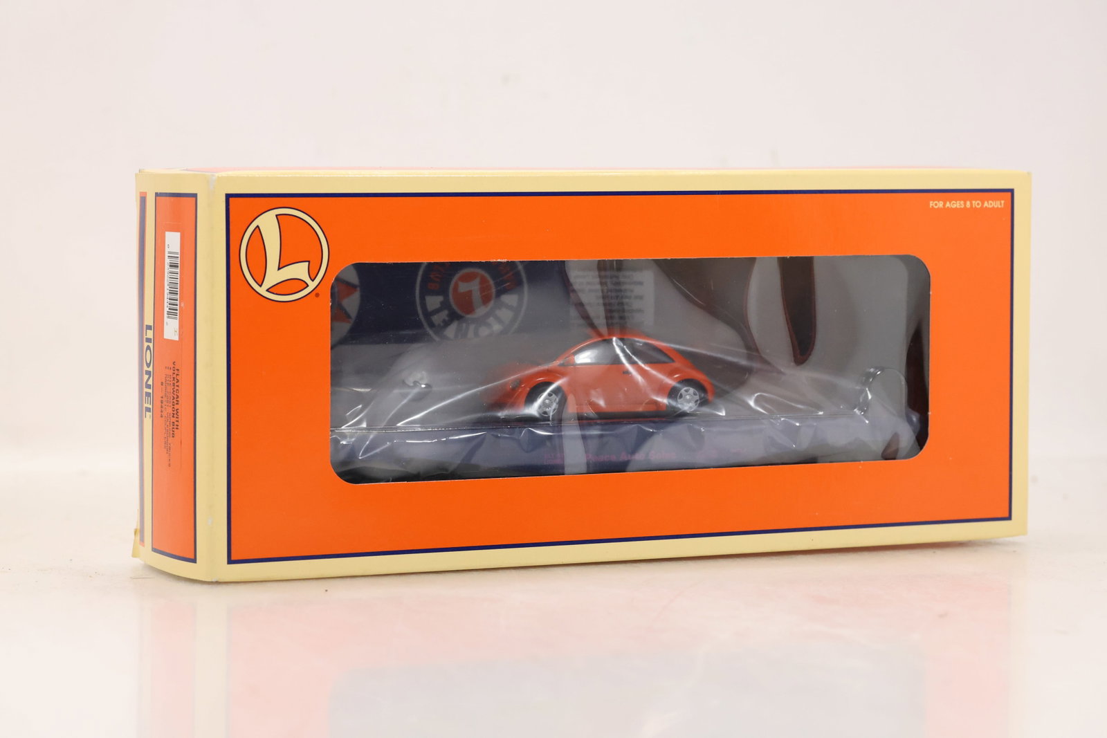 1996 LIONEL, FLATCAR WITH VOLKSWAGON BUG, O GAUGE, DIECAST, 6-19444: 1996 LIONEL, FLATCAR WITH VOLKSWAGON BUG, O GAUGE, DIECAST, 6-19444. Size: 13.5 x 5.75