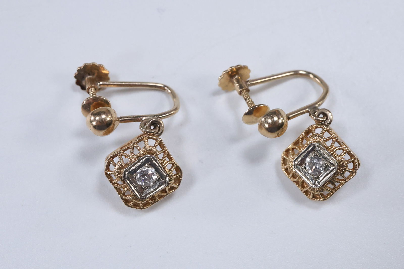 14K GOLD Victorian Gold Filigree DIAMOND EARRINGS approx 1/2 C. Total, 1.7 dwt, Screw Backs (1 of 12)