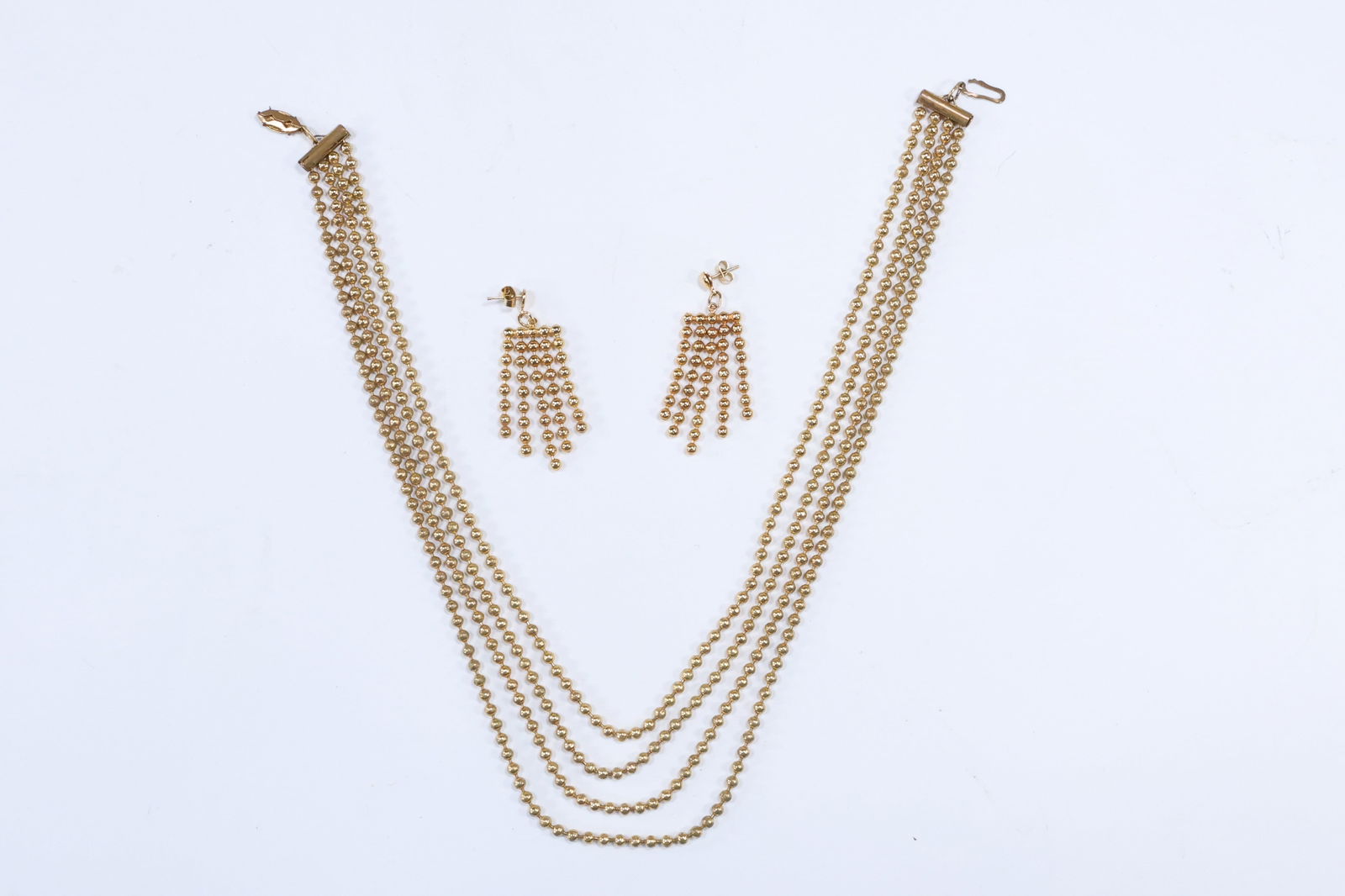 Unsigned Gold Tone 4-Strand Beads Necklace; Gold Tone Beads 5-Fringe Earrings (1 of 14)