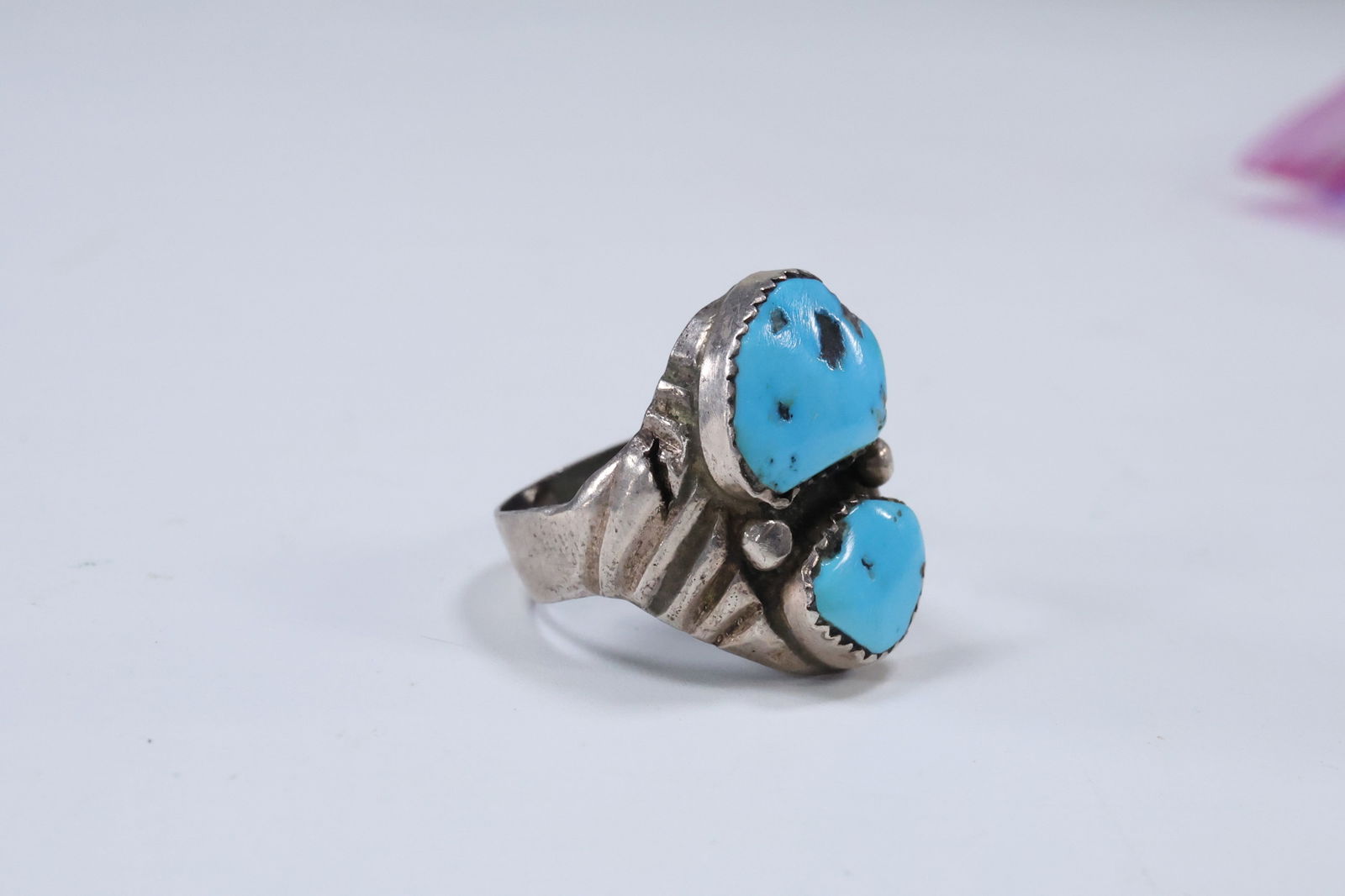 Navajo Native American Indian Sterling Silver "R" Double Turquoise Stones Ring Size 11, 1 in. x 1 in (1 of 12)