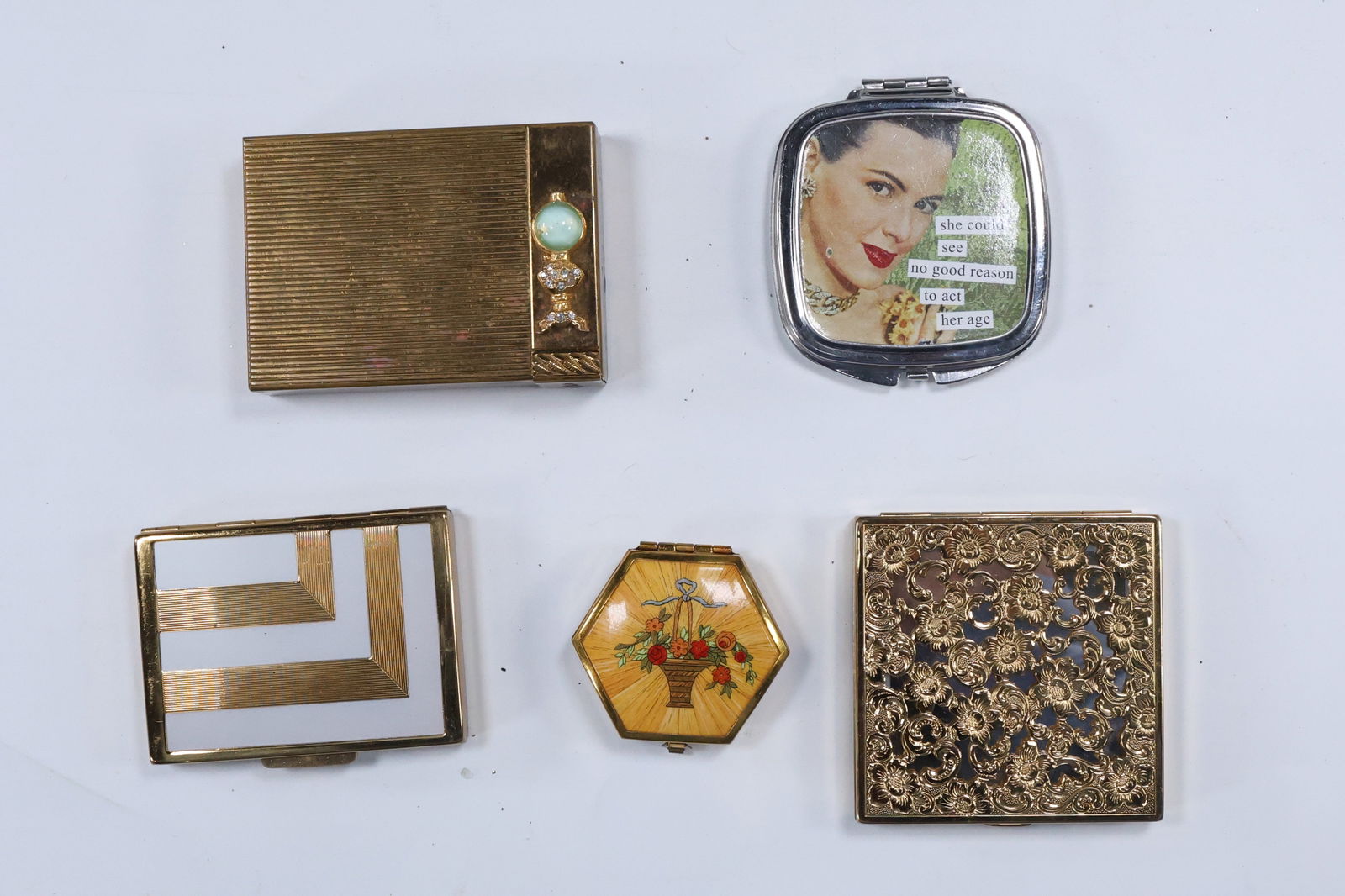5 Assorted Vintage Compacts: Revisited Anne Taintor Compact Mirror 3 in. x 2 5/8 in.; Houbigan (1 of 10)