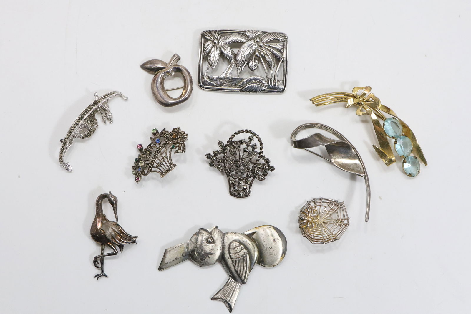 10 Assorted Sterling Silver Pins: Sterling Twisted; Sterling Square Palm Trees; Sterling Bird Music (1 of 18)
