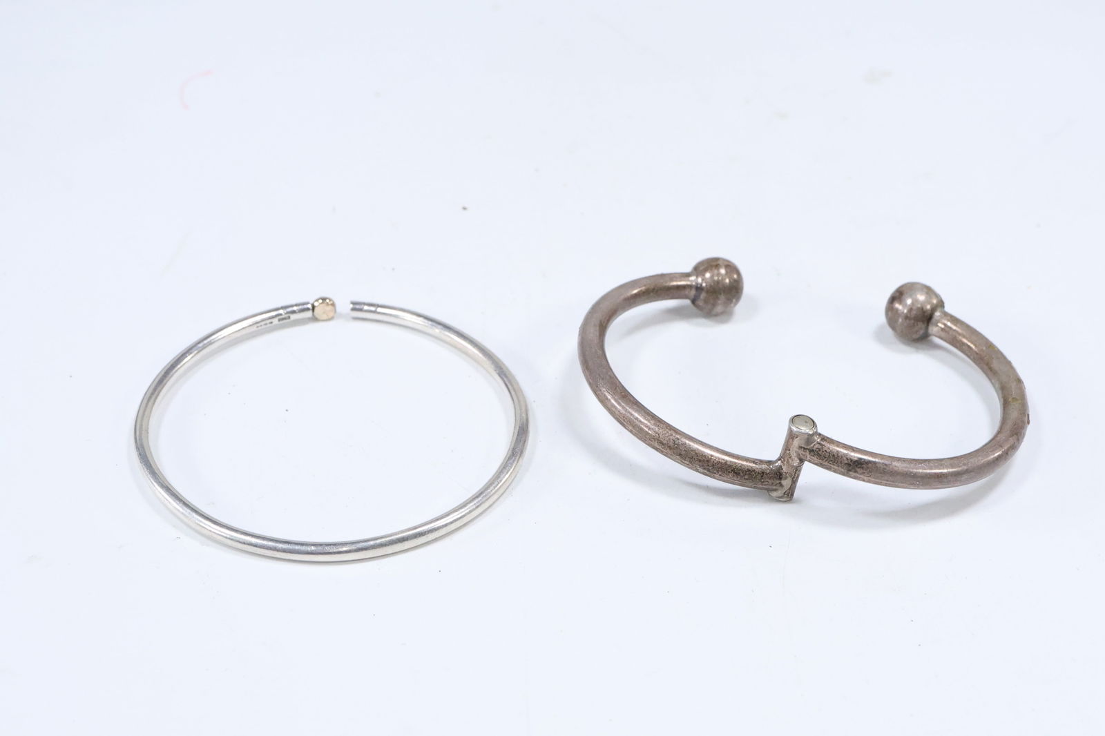 2 Heavy Sterling Silver Bracelets: .925 & 585 [14K] Bangle 3 in. x 1/8 in.; Ball Crossover 3 7/8 in. (1 of 8)
