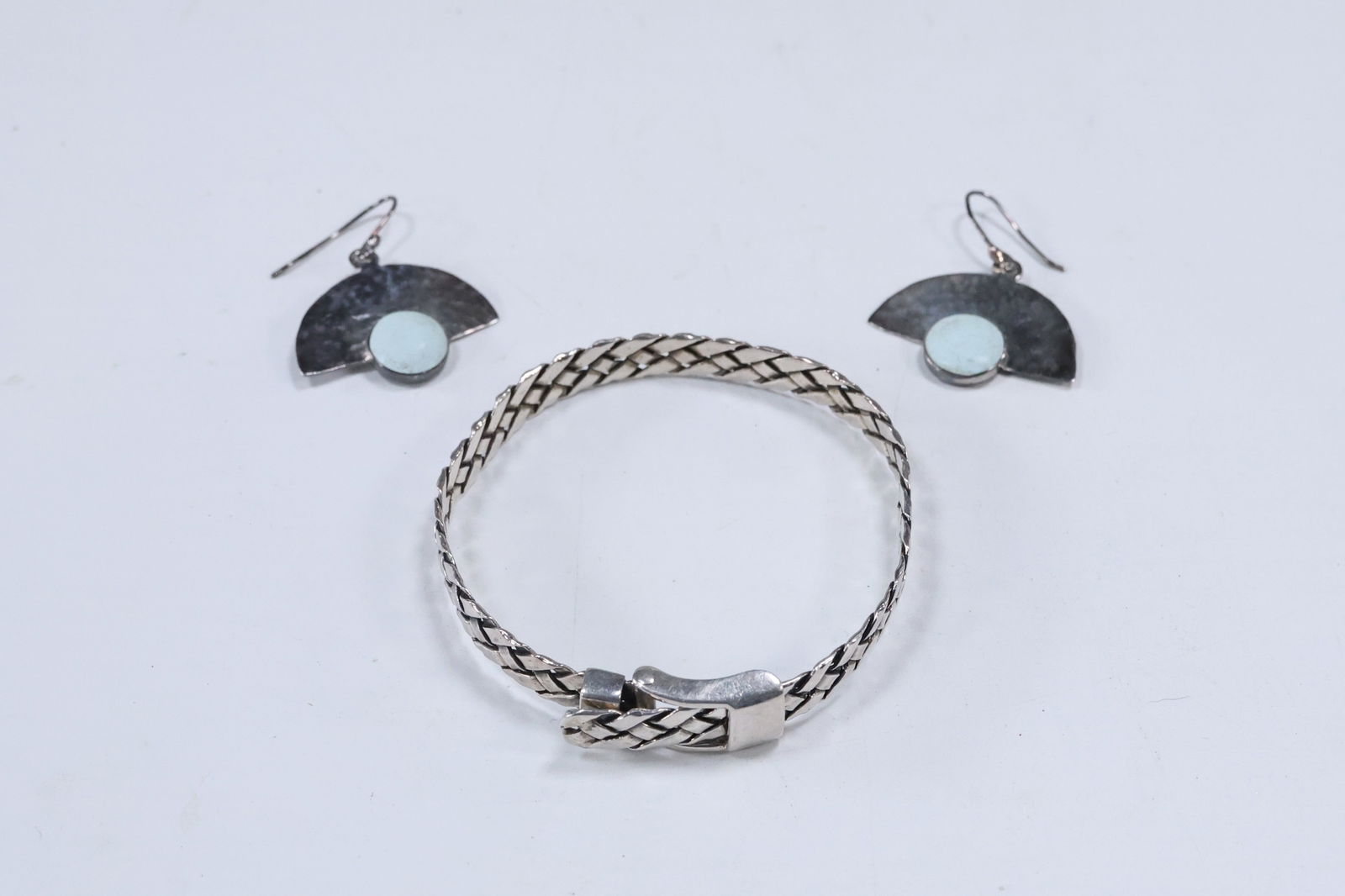 Sterling Silver Braided Buckle Bracelet  & .925 Sterling Mexico with Turquoise Stones Earrings (1 of 14)