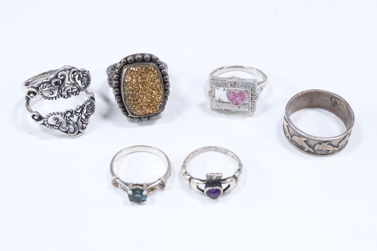 6 Assorted Sterling Silver Rings: Insert Ring size 10.5; Aquamarine Ring size 7; Spinel Ring size (1 of 20)
