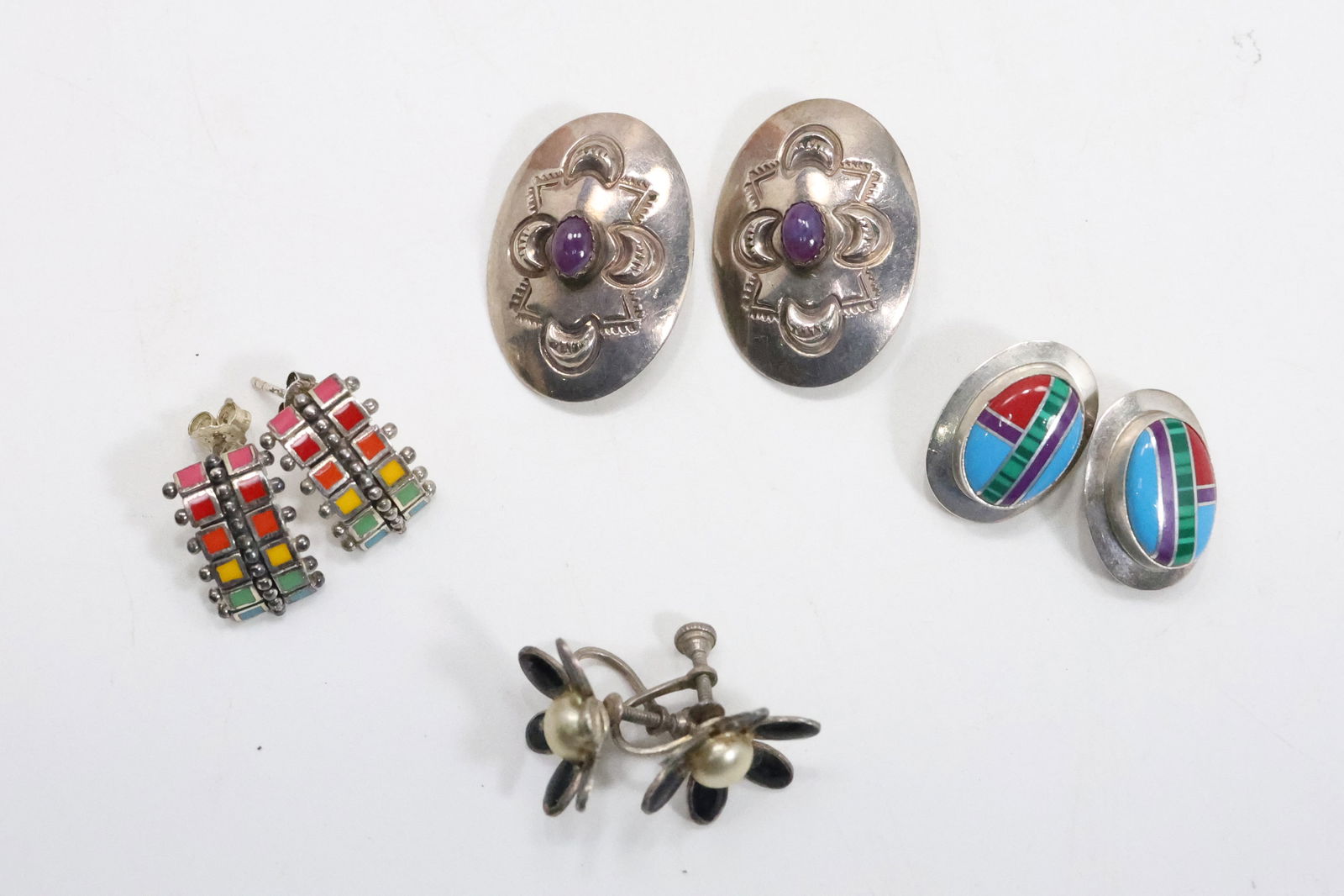 4 Pairs Sterling Silver Earrings: Zuni Inlaid Clip-on 3/4 in. x 5/8 in.; Sterling Purple Amethyst WS (1 of 16)