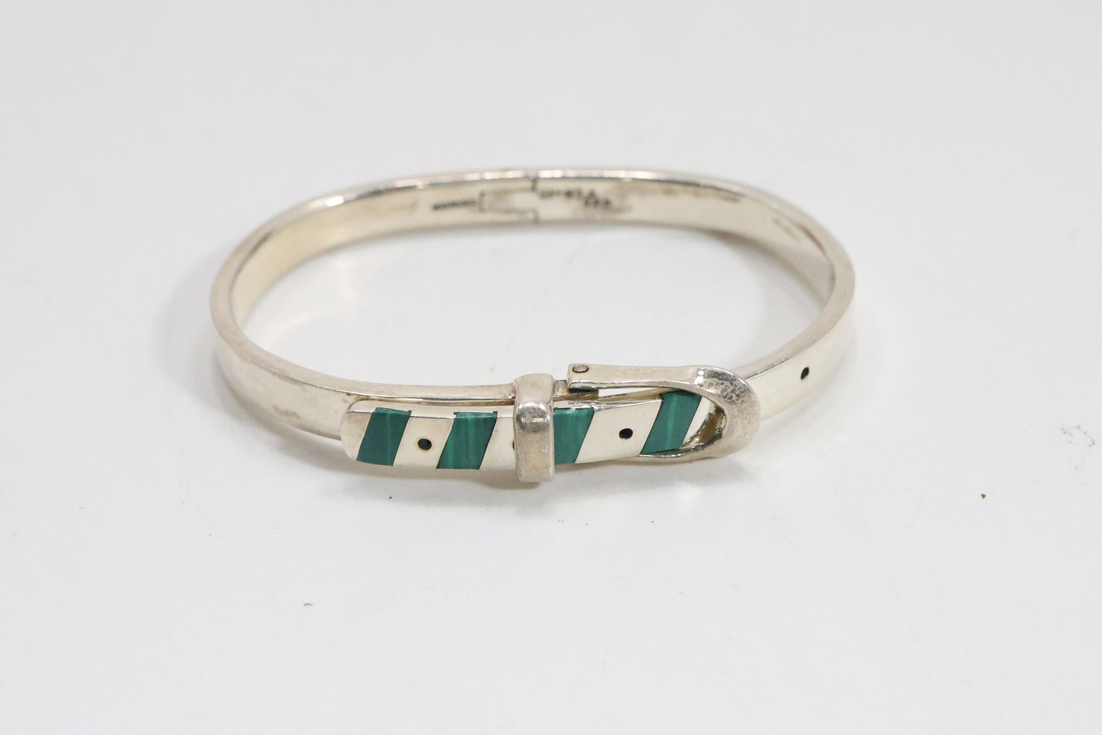 .925 Sterling Silver Malachite TCH-10 Mexico Buckle Bracelet Bangle.  2 in. x 2 5/8 in. (1 of 10)