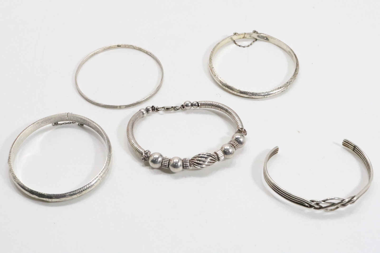 5 Assorted Sterling Silver Bracelets, weighs 48 grams, 3 Bangles, 1 Textured Twist, 1 Cuff (1 of 20)
