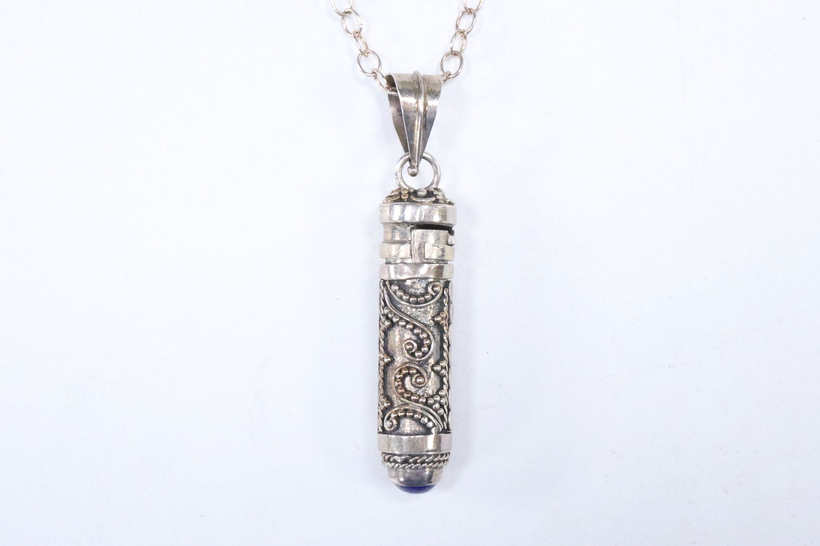 .925 Sterling Silver Secret Snuff Bottle Pendant with Lapis Stone on .925 Sterling 21 in. Chain (1 of 15)