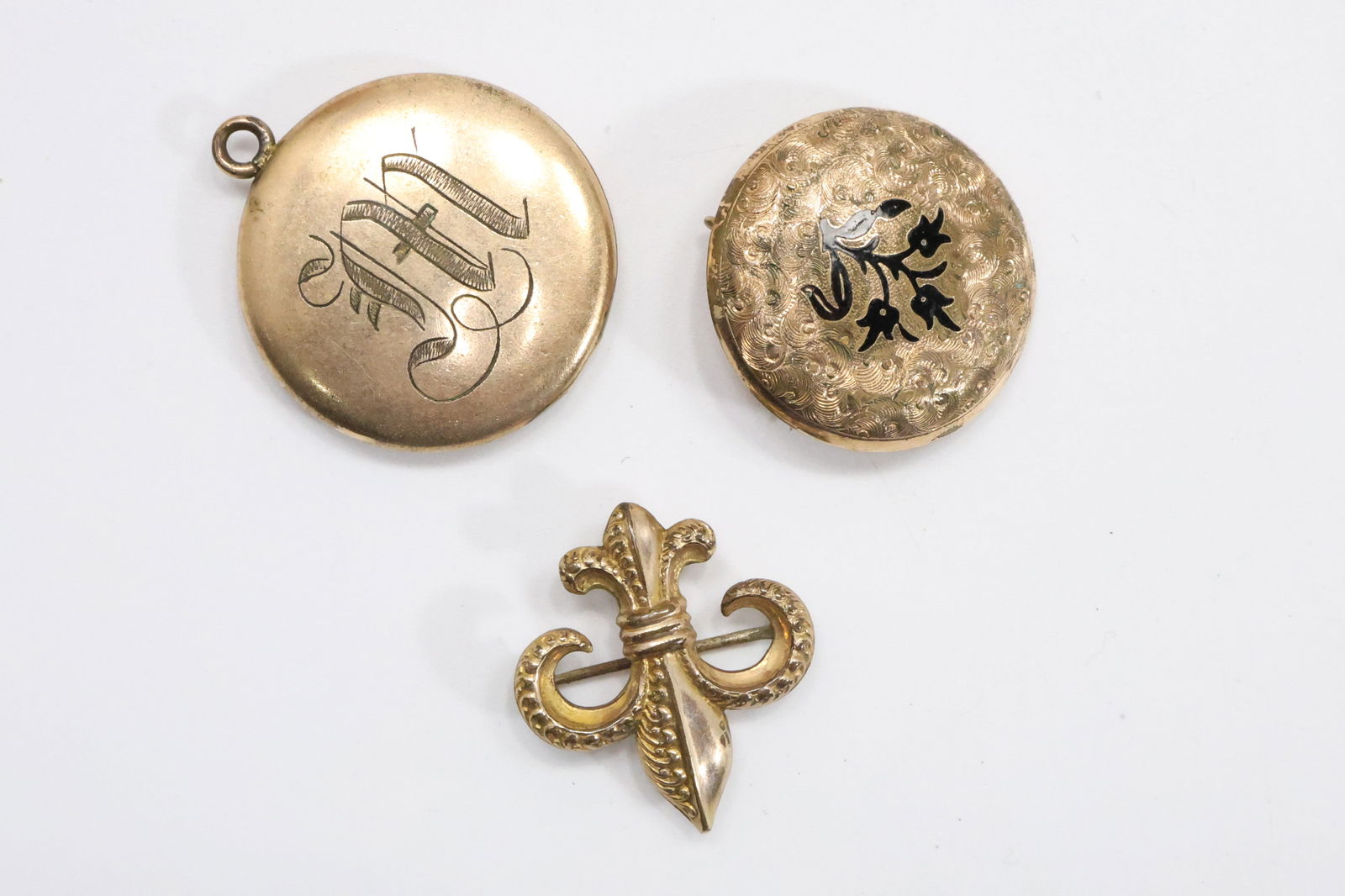 [3] Victorian Gold Filled  "M": Locket  W&H Co. 1 1/4 in.; Victorian GF Watch Pin Enameled 1 in; (1 of 9)