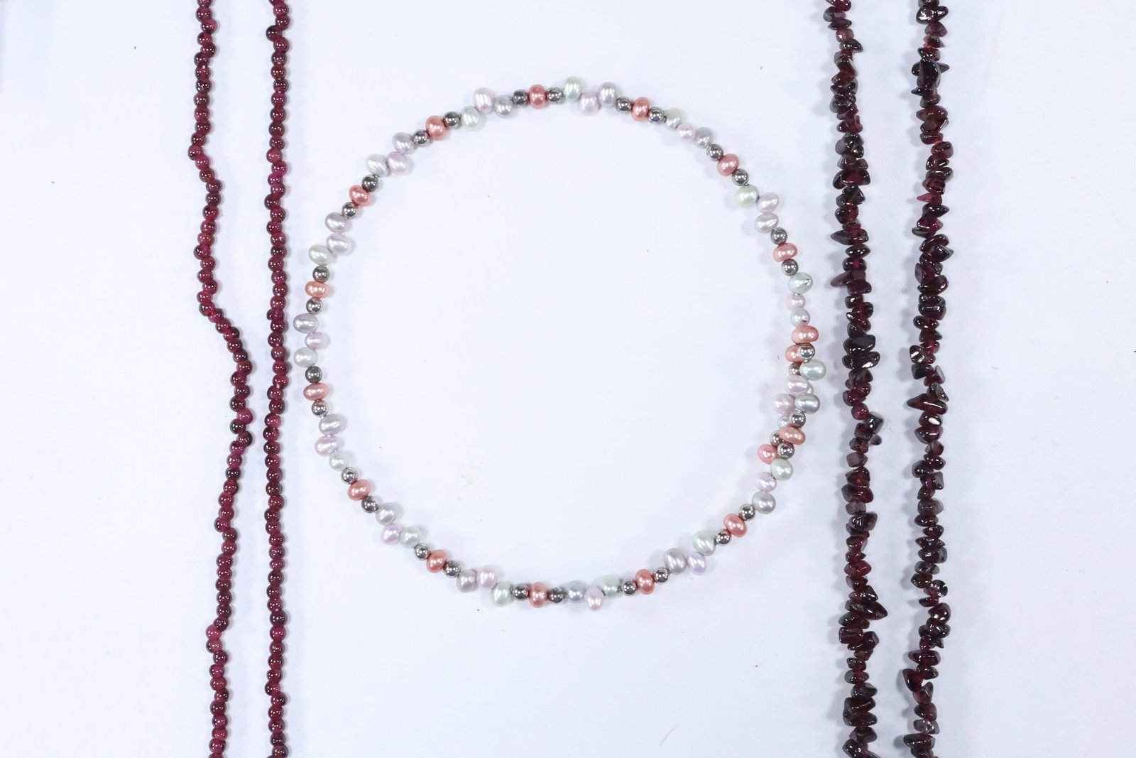 Genuine Freshwater Cultured Pearl Choker 5 in. x 1/4 in.; Strand Garnet Chip Beads 34 in. x 1/4 in.;: Genuine Freshwater Cultured Pearl Choker 5 in. x 1/4 in.; Strand Garnet Chip Beads 34 in. x 1/4 in.; Strand Amethyst Beads 36 in. x 1/8 in.