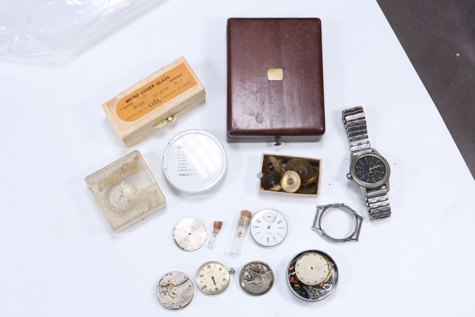 Assorted Watch Parts, Pocket Watch Case 3 3/4 in. x 2 7/8 in. , Lenses, Stems, Insides (1 of 13)
