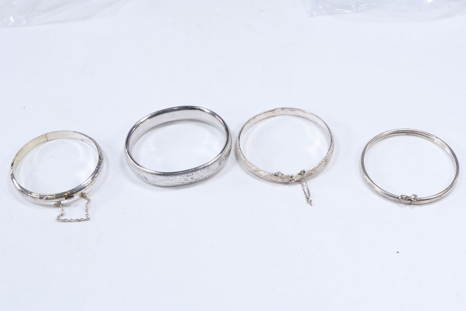 4 Assorted Sterling Silver Bangle Bracelets, total weight 46.4 grams,  .925, etched flowers, diamond (1 of 16)