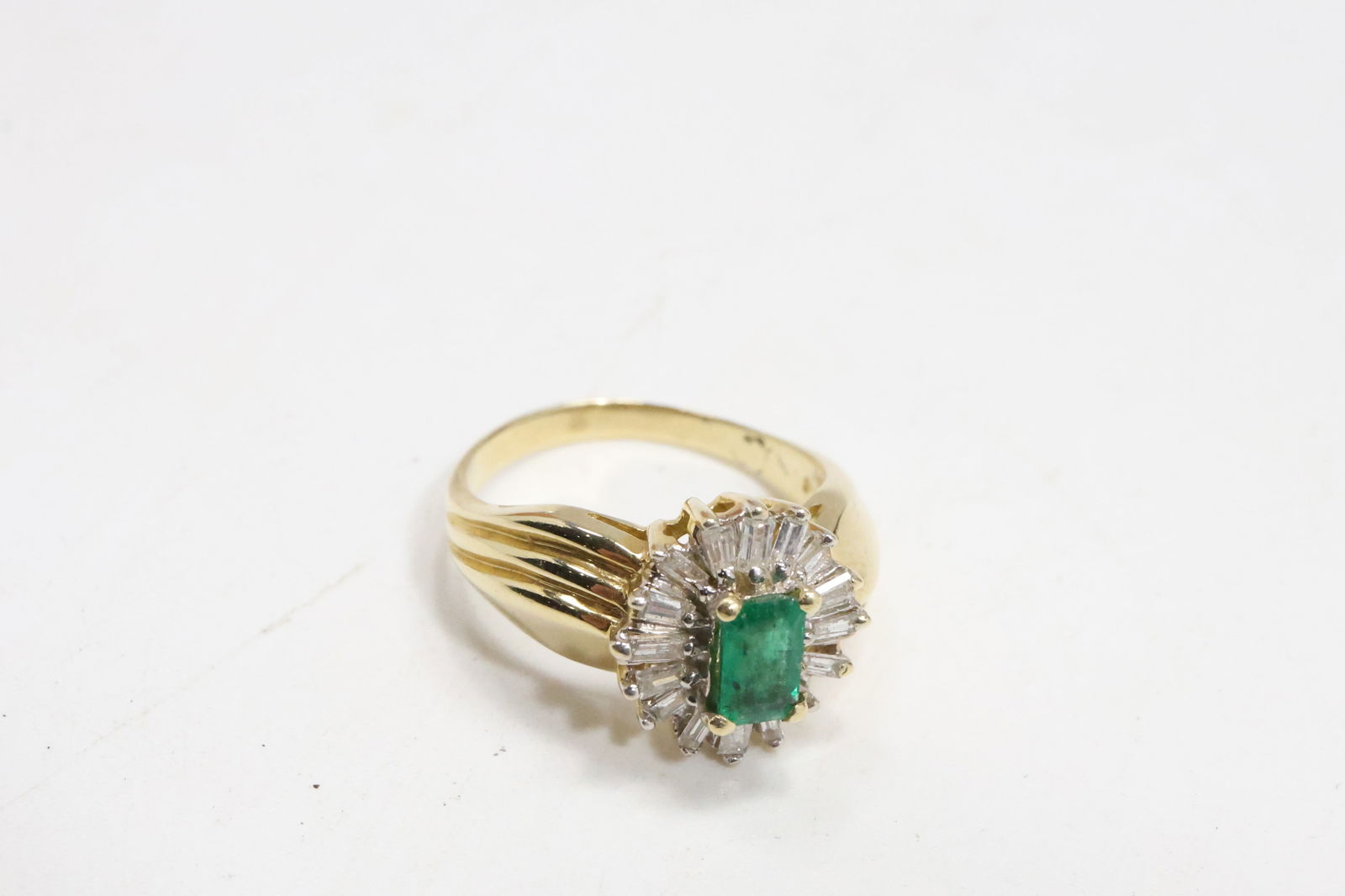 14K Gold Emerald and 16 Diamonds Evening Ring Size 6.5, 2.9 dwt, 3/4 in. x 5/8 in. (1 of 10)