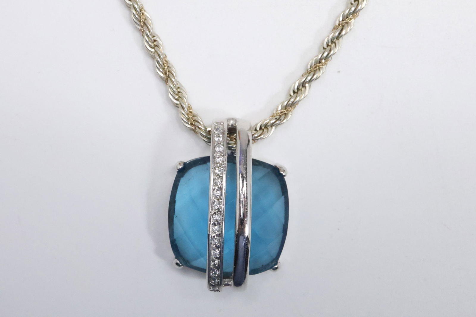 .925 Sterling Silver Blue Stone with CZ Pendant Necklace on .925 Sterling Rope Chain 24 in. (1 of 13)