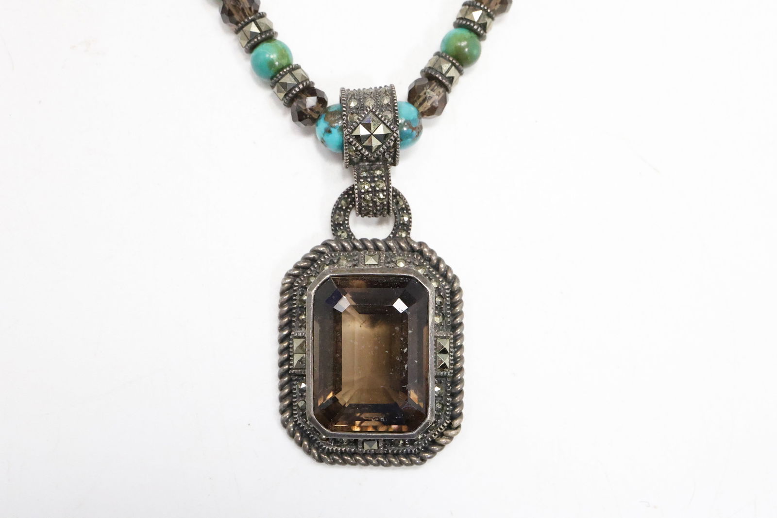 Sterling Silver, Smokey Citrine Pendant with Beads and Marcasites Necklace Turquoise & Marcasites (1 of 15)