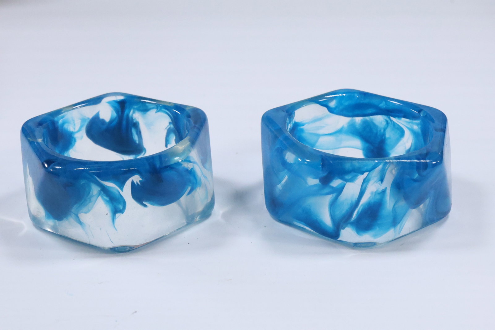 2 Mid-Century Modern Wide Lucite Bracelets with Internal Blue Haze 3 1/4 in. x 1 5/8 in.: 2 Mid-Century Modern Wide Lucite Bracelets with Internal Blue Haze 3 1/4 in. x 1 5/8 in.