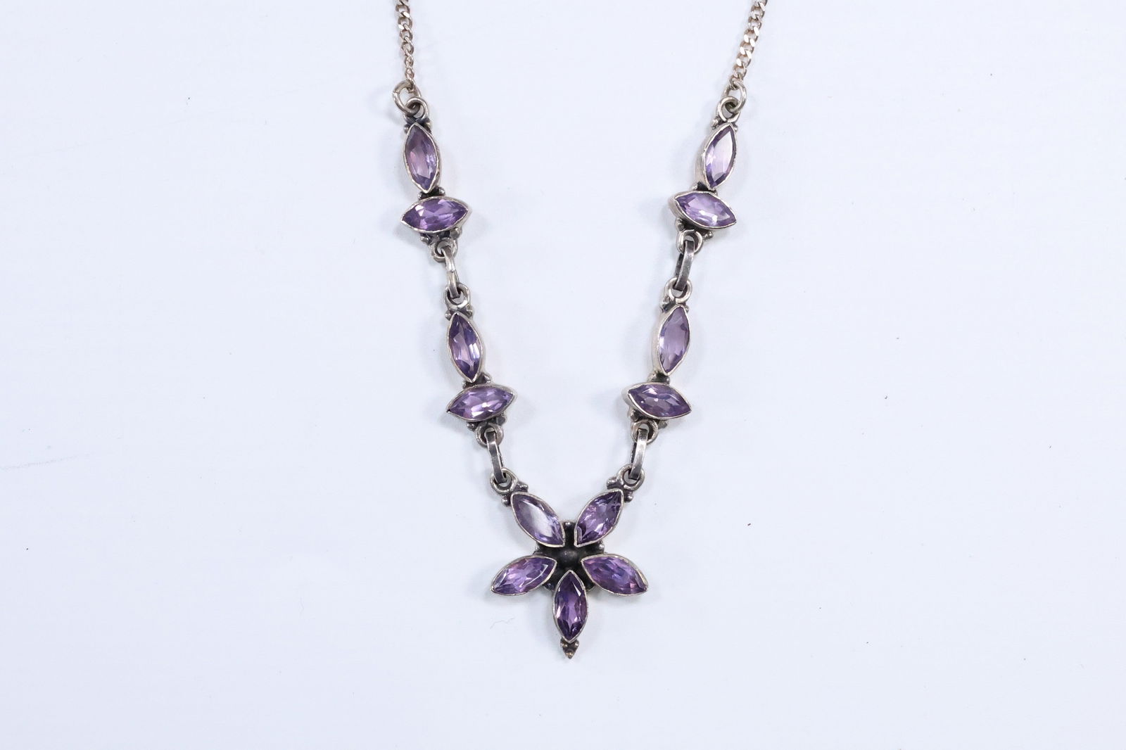 .925 Sterling Silver with Purple Amethyst Stones Necklace 19 in. x 1 in. (1 of 11)