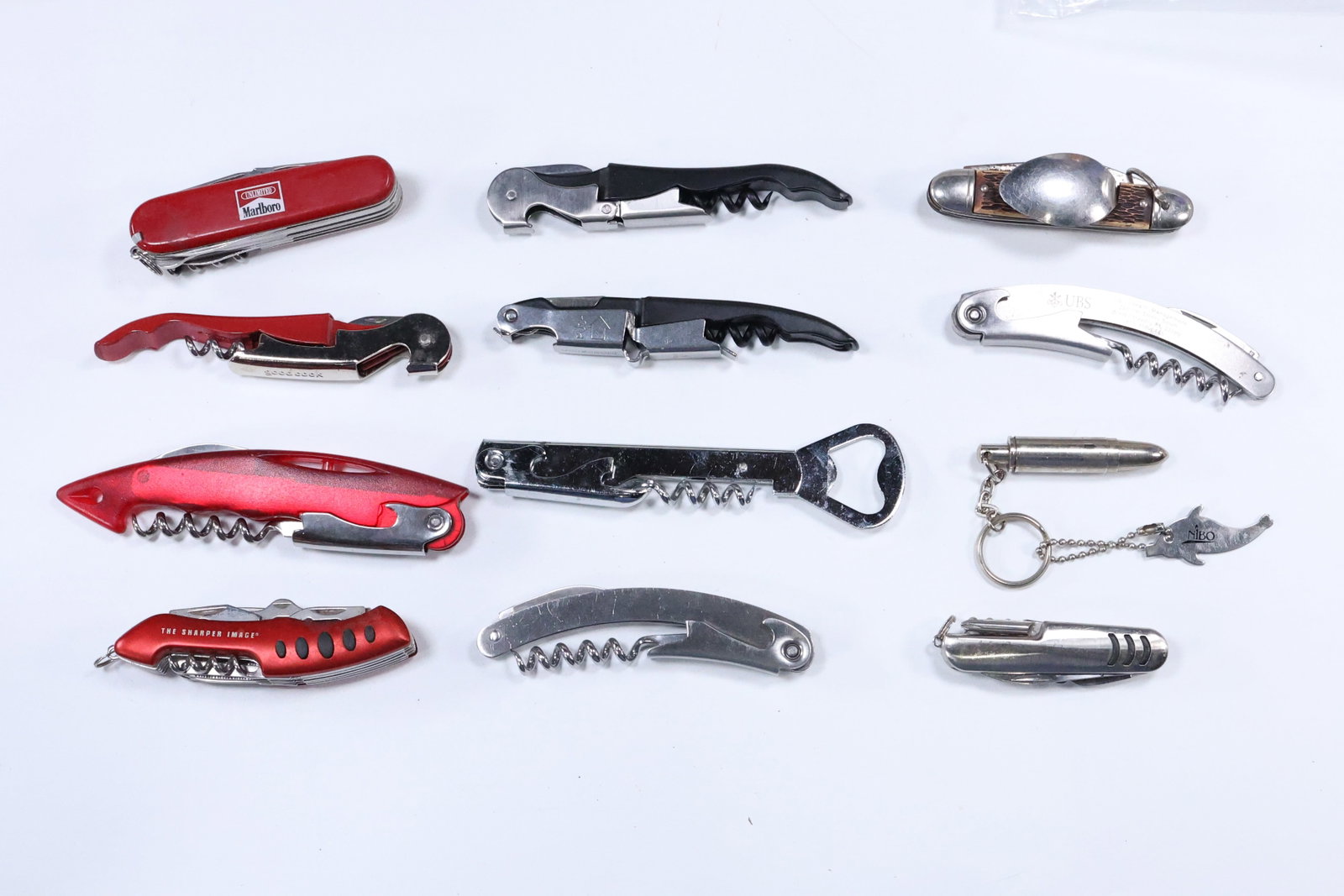 Estate Grouping Assorted 12 Pocket Knives and Utility Knives: Estate Grouping Assorted 12 Pocket Knives and Utility Knives. 4 Utility Knives, Marlboro Utility Knife in Case, Sharper Image Utility Knife; Good Cook Wine Opener, Wine Openers UBS, Kendall Jackson, B
