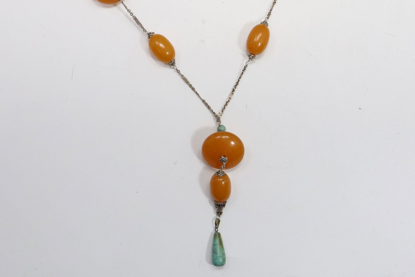 Vintage Sterling Silver and Bakelite Beads Necklace with Turquoise Pendant 34 in. x 4 in. x 1 1/4 in: Vintage Sterling Silver and Bakelite Beads Necklace with Turquoise Pendant 34 in. x 4 in. x 1 1/4 in