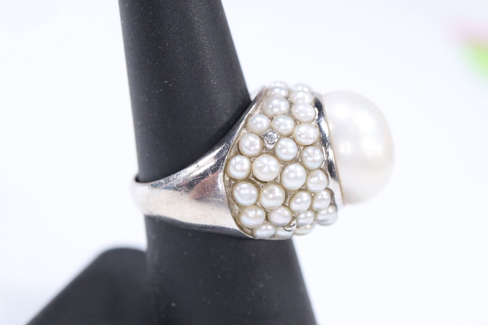 .925 Sterling Silver All Over Genuine Freshwater Cultured Pearls, Center Pearl Ring Size 7: .925 Sterling Silver All Over Genuine Freshwater Cultured Pearls, Center Pearl Ring Size 7, 1 in. x 3/4 in., Stunning Cocktail Ring