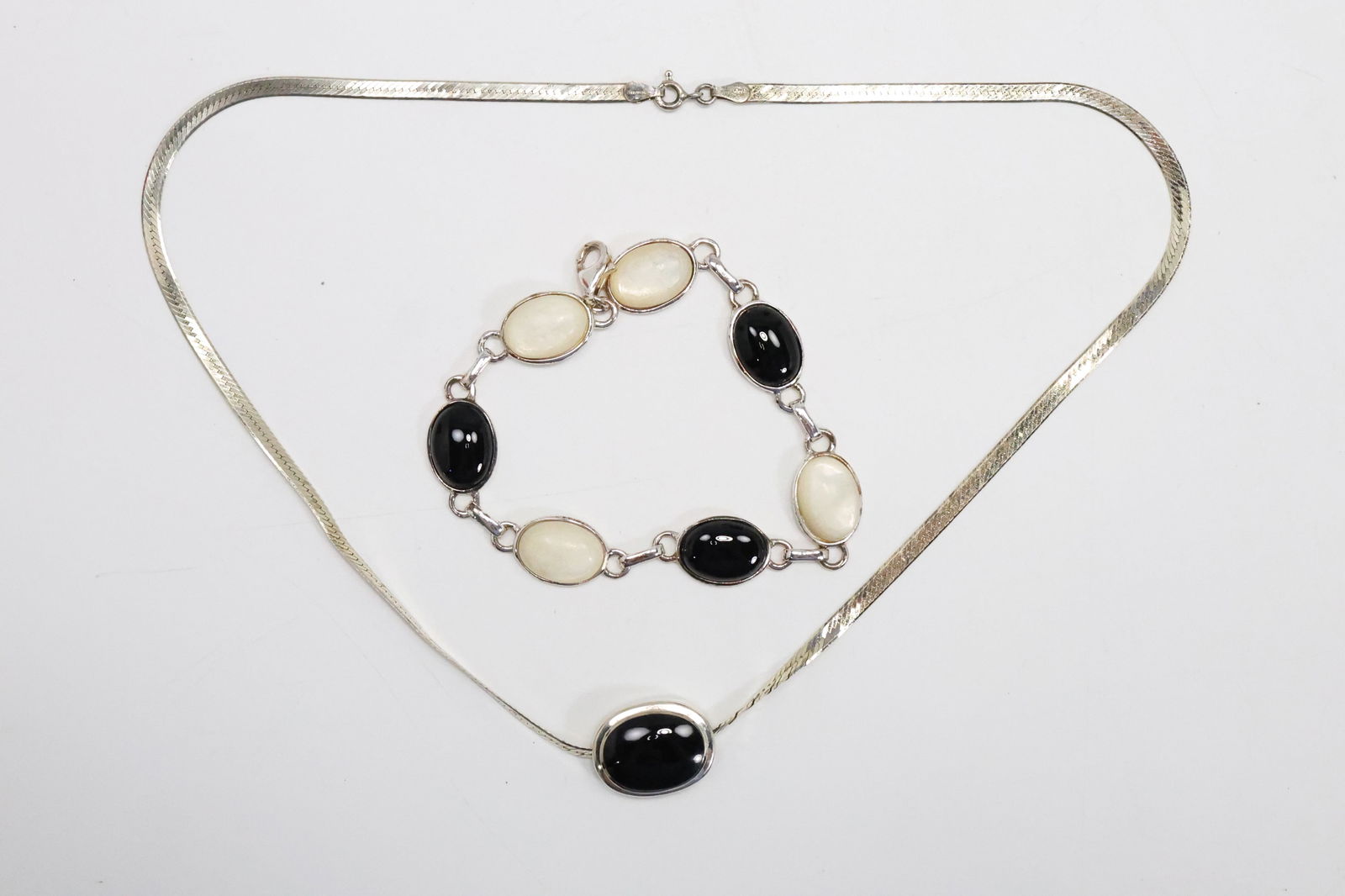 .925 Italy Herringbone Chain 18 in. with Black Onyx Pendant 3/4 in. dia.; .925 Sterling MOP & (1 of 10)